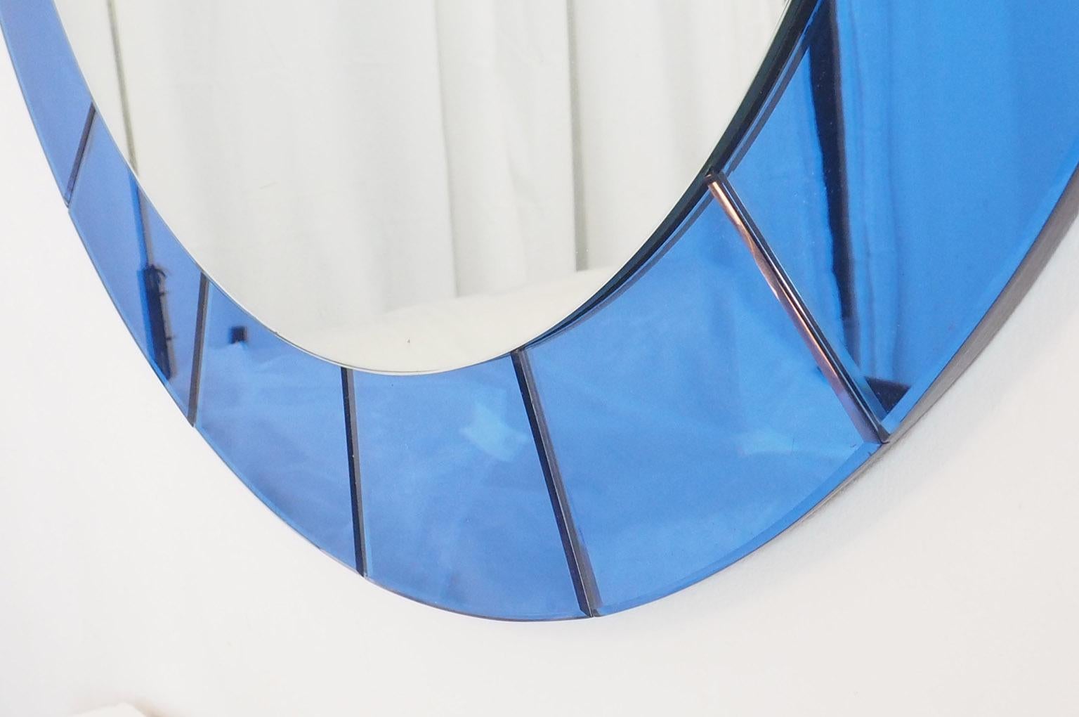 Mid-20th Century Mid-Century Modern Monumental Blue Round Wall Mirror by Cristal Arte, Italy 1950