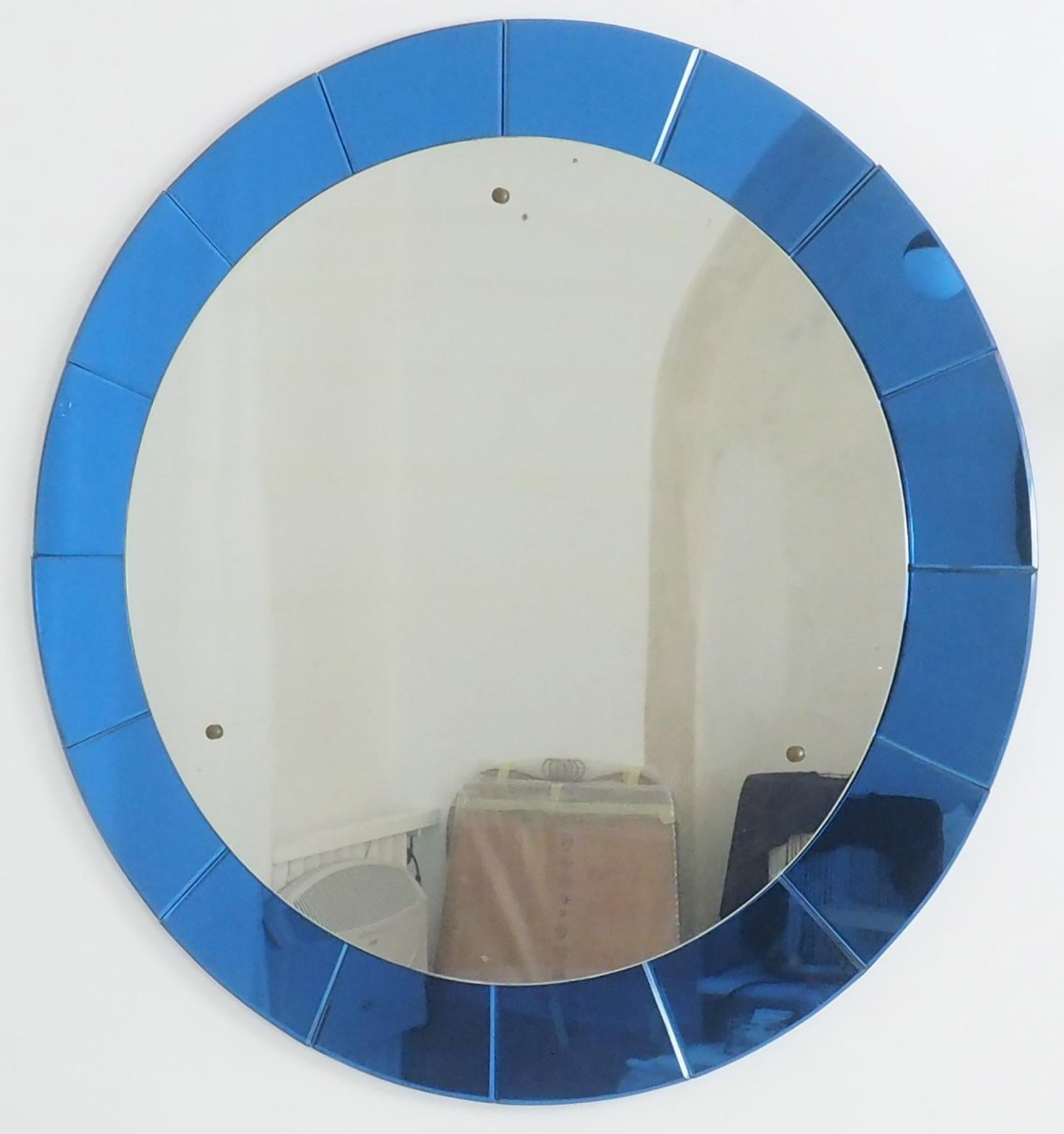 Wood Mid-Century Modern Monumental Blue Round Wall Mirror by Cristal Arte, Italy 1950 For Sale