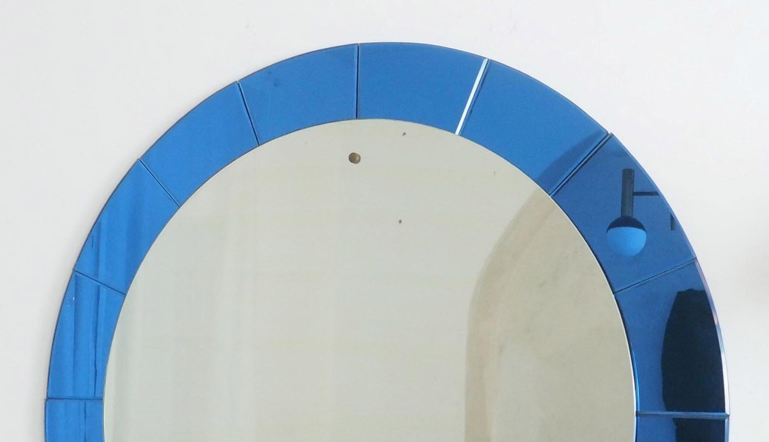 Mid-Century Modern Monumental Blue Round Wall Mirror by Cristal Arte, Italy 1950 2