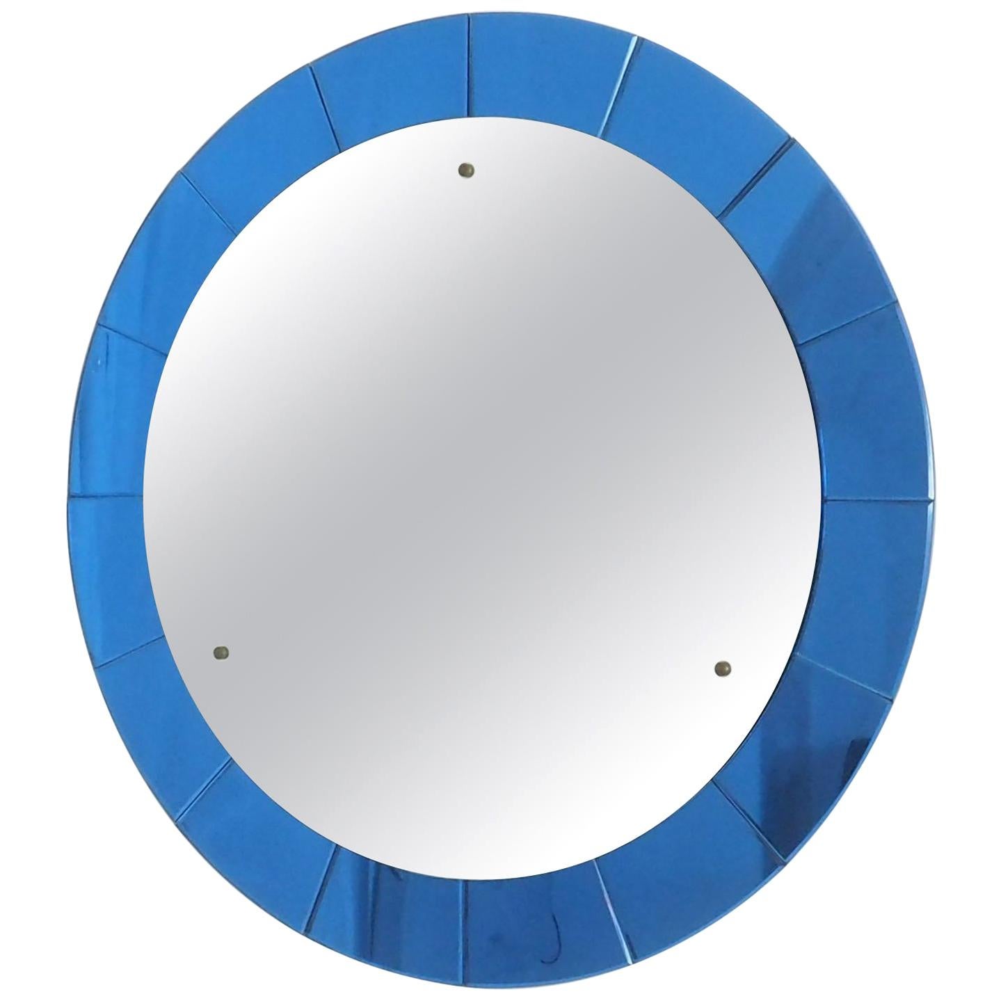 Mid-Century Modern Monumental Blue Round Wall Mirror by Cristal Arte, Italy 1950 For Sale