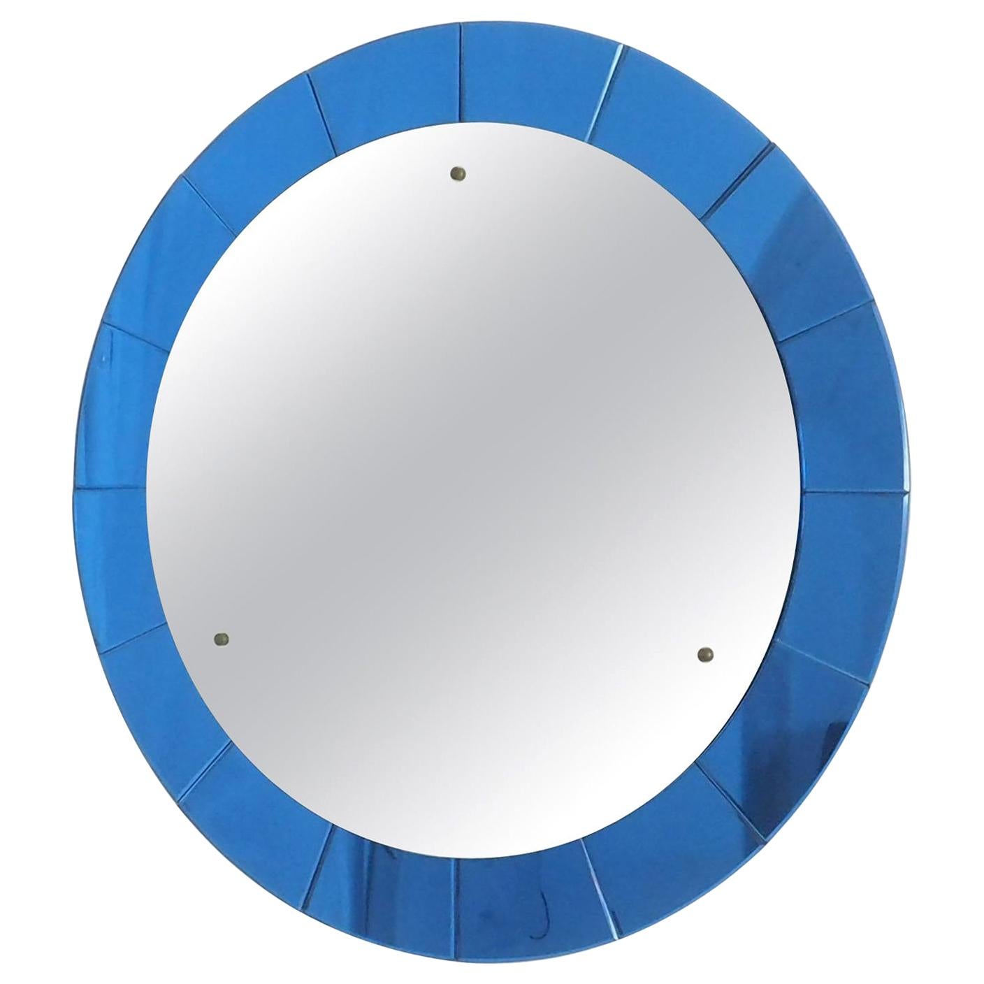 Mid-Century Modern Monumental Blue Round Wall Mirror by Cristal Arte, Italy 1950
