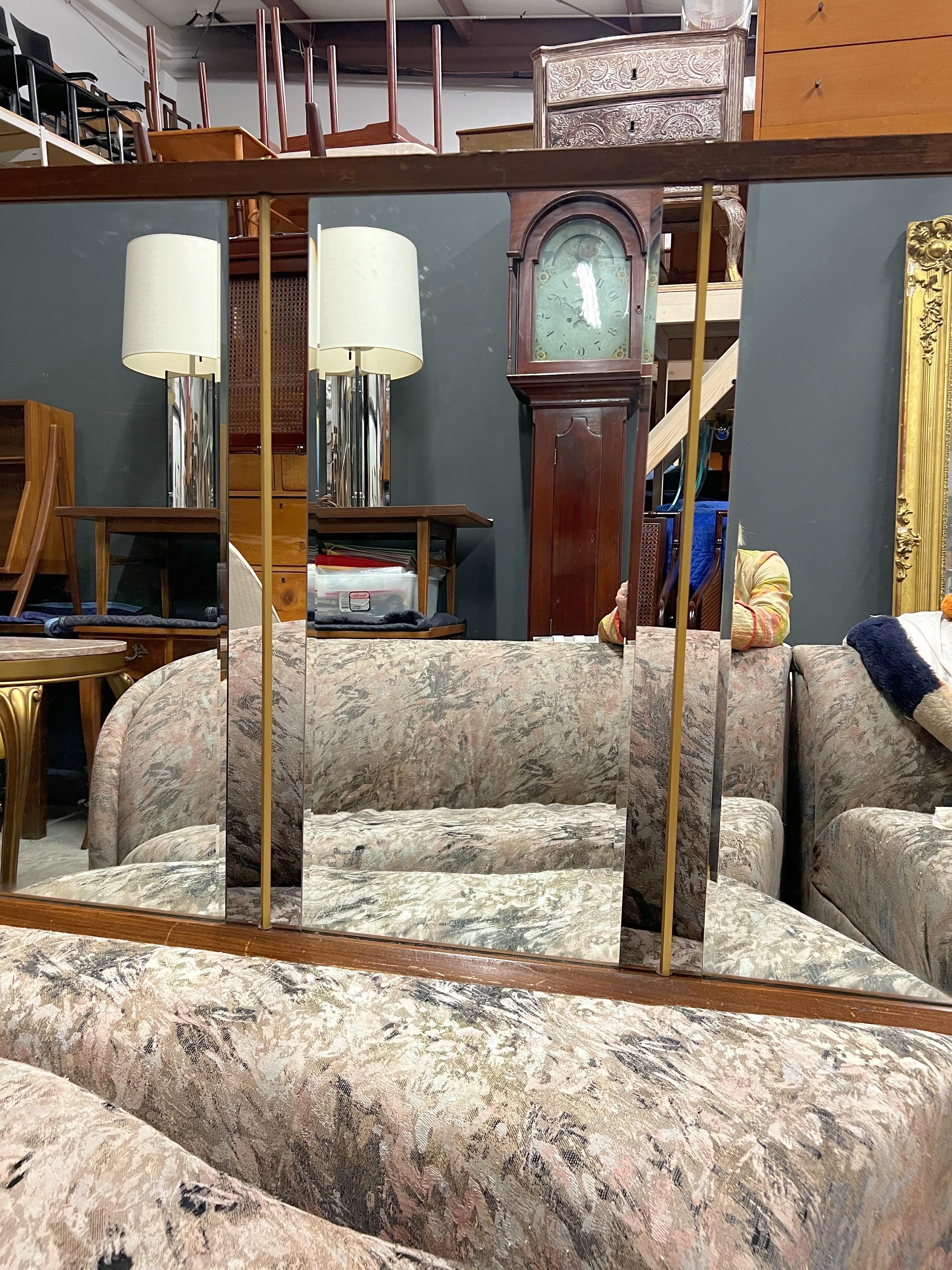 20th Century Mid-Century Modern Monumental Brass and Walnut 3 Panel Beveled Wall Mirror For Sale