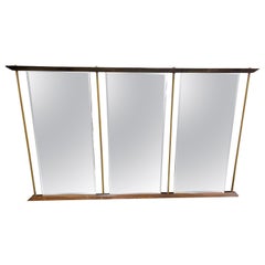 Mid-Century Modern Monumental Brass and Walnut 3 Panel Beveled Wall Mirror