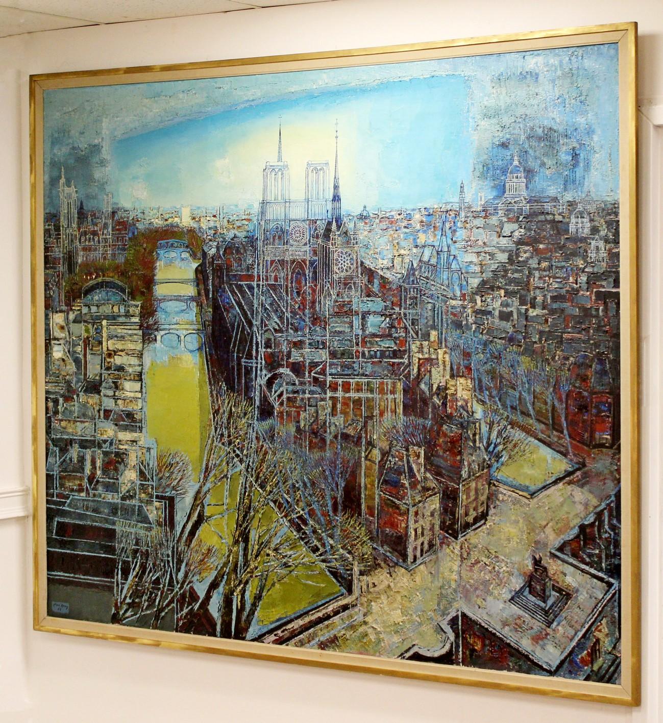 For your consideration is an incredibly large and monumental, framed oil sgraffito painting of Paris, signed by Edouard Mac Avoy, dated 1963. Mac-Avoy sold his first painting to the government when he was only 19 years old. It was exhibited at the