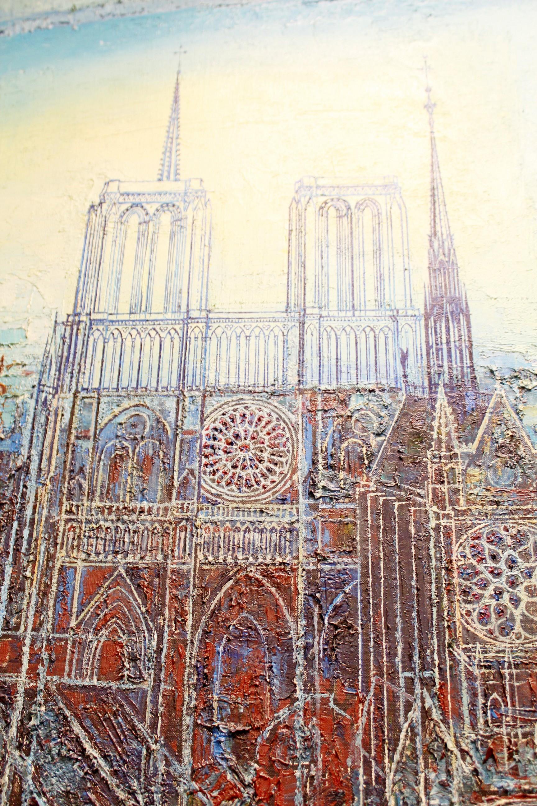 Framed Original Oil Sgraffito Painting Paris Notre Dame by Edouard Mac Avoy 1963 In Good Condition In Keego Harbor, MI
