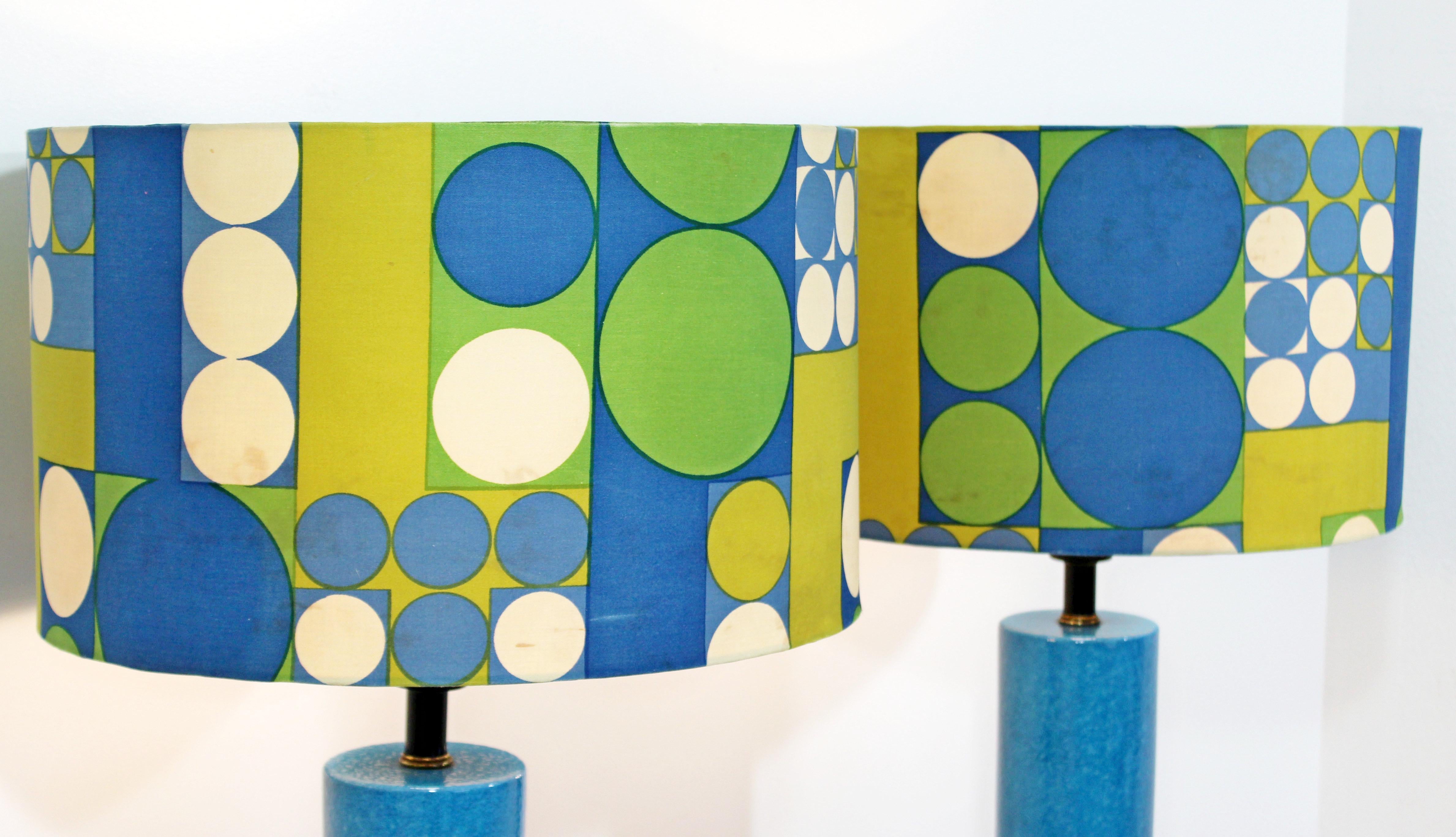 Mid-Century Modern Monumental Pair of Blue Ceramic Table Lamps Panton Shades In Good Condition In Keego Harbor, MI