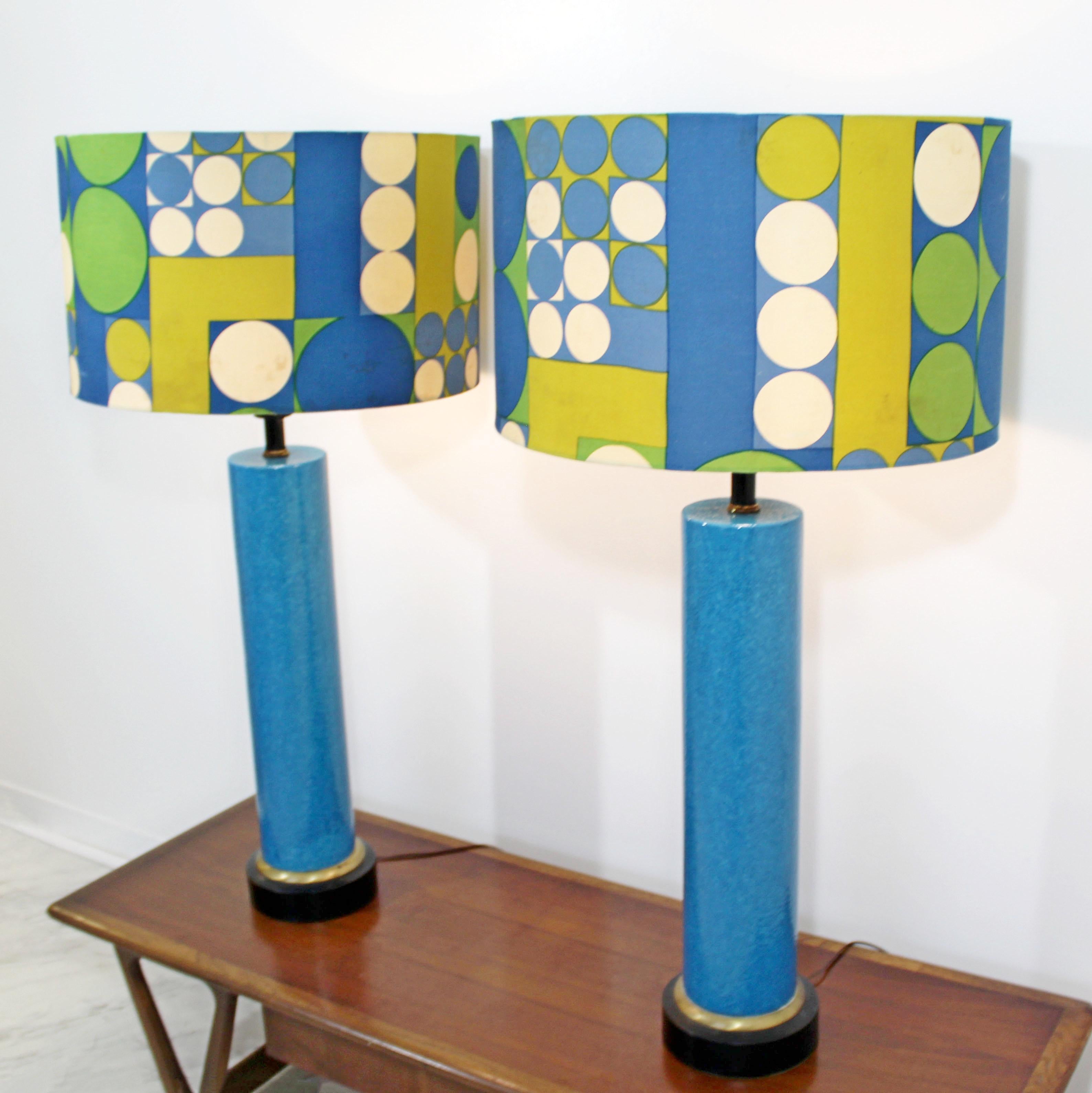 Mid-20th Century Mid-Century Modern Monumental Pair of Blue Ceramic Table Lamps Panton Shades