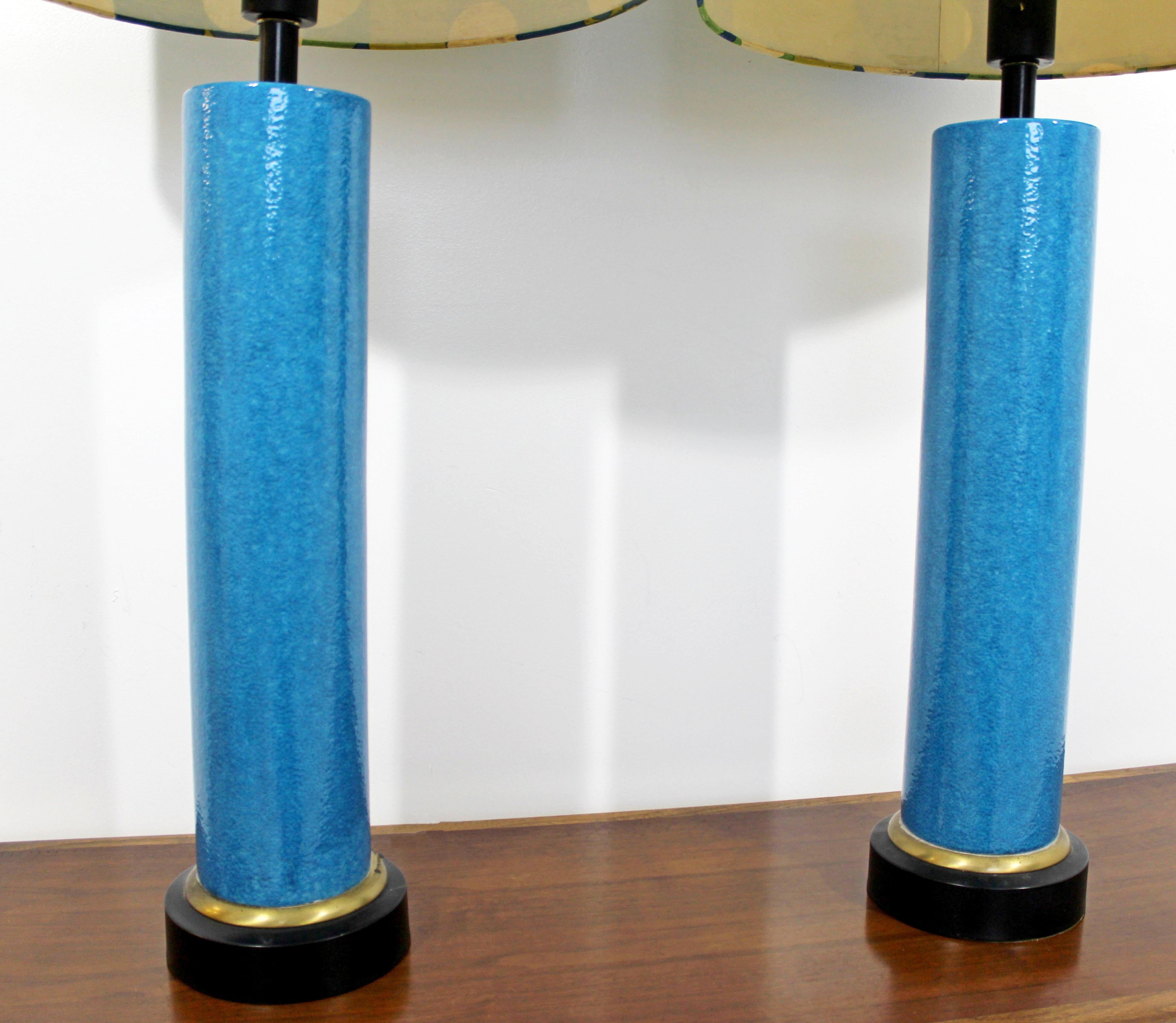 Mid-Century Modern Monumental Pair of Blue Ceramic Table Lamps Panton Shades 1