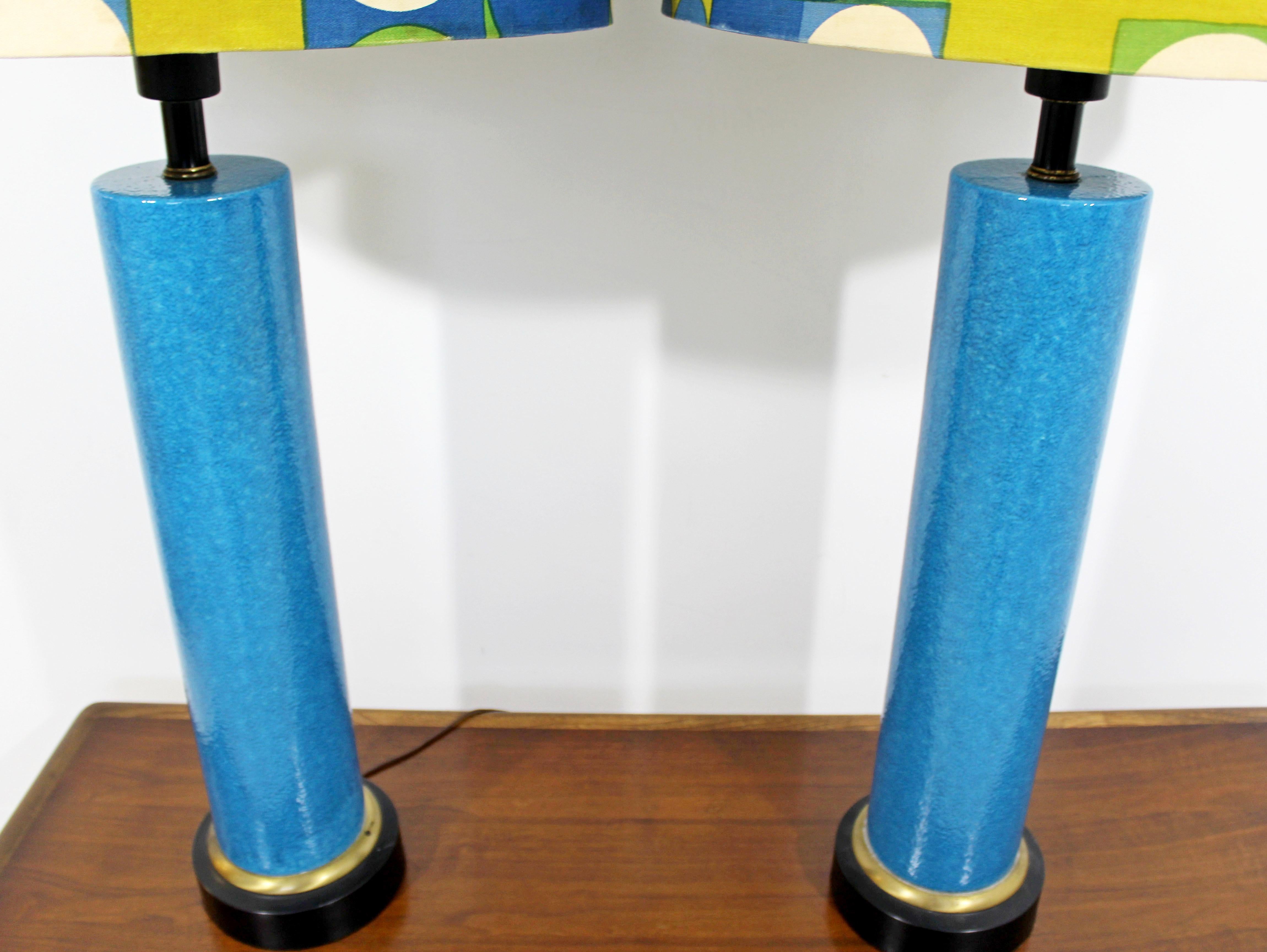Mid-Century Modern Monumental Pair of Blue Ceramic Table Lamps Panton Shades 2