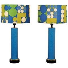 Mid-Century Modern Monumental Pair of Blue Ceramic Table Lamps Panton Shades