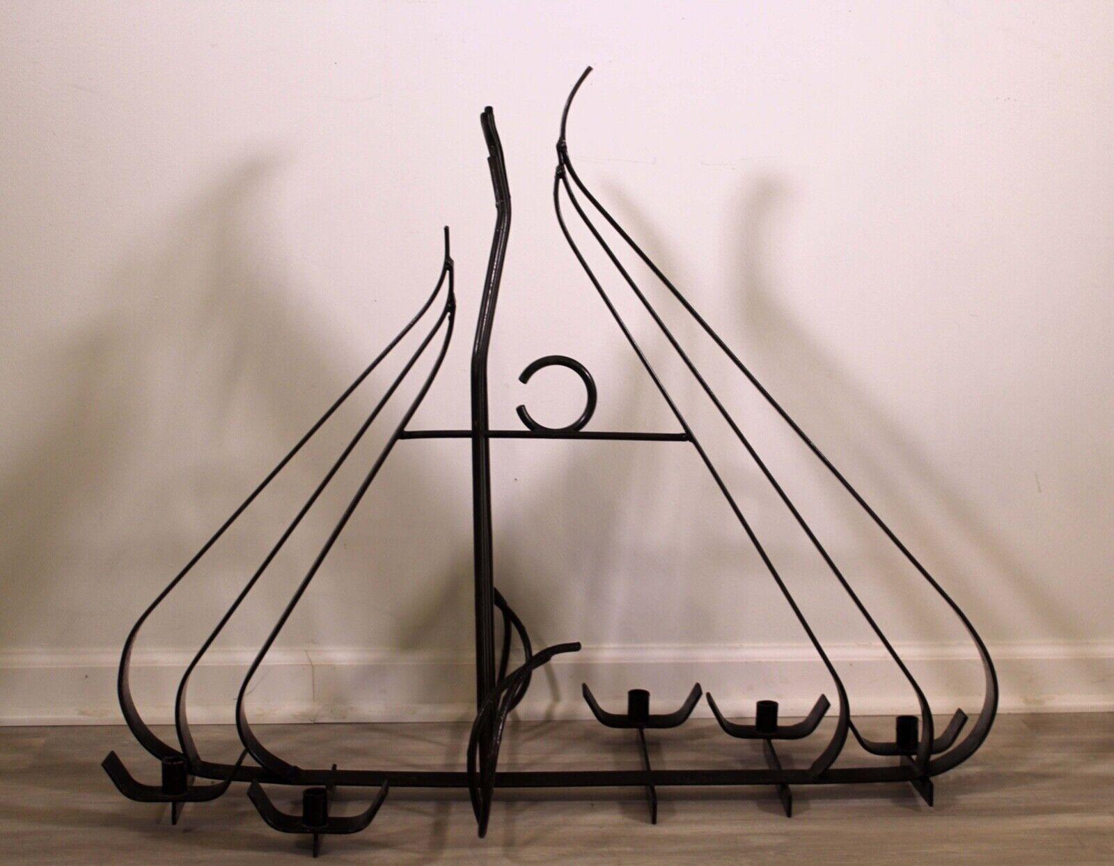 Mid Century Modern Monumental Wrought Iron Danish Floor Table Candle Holder In Good Condition In Keego Harbor, MI