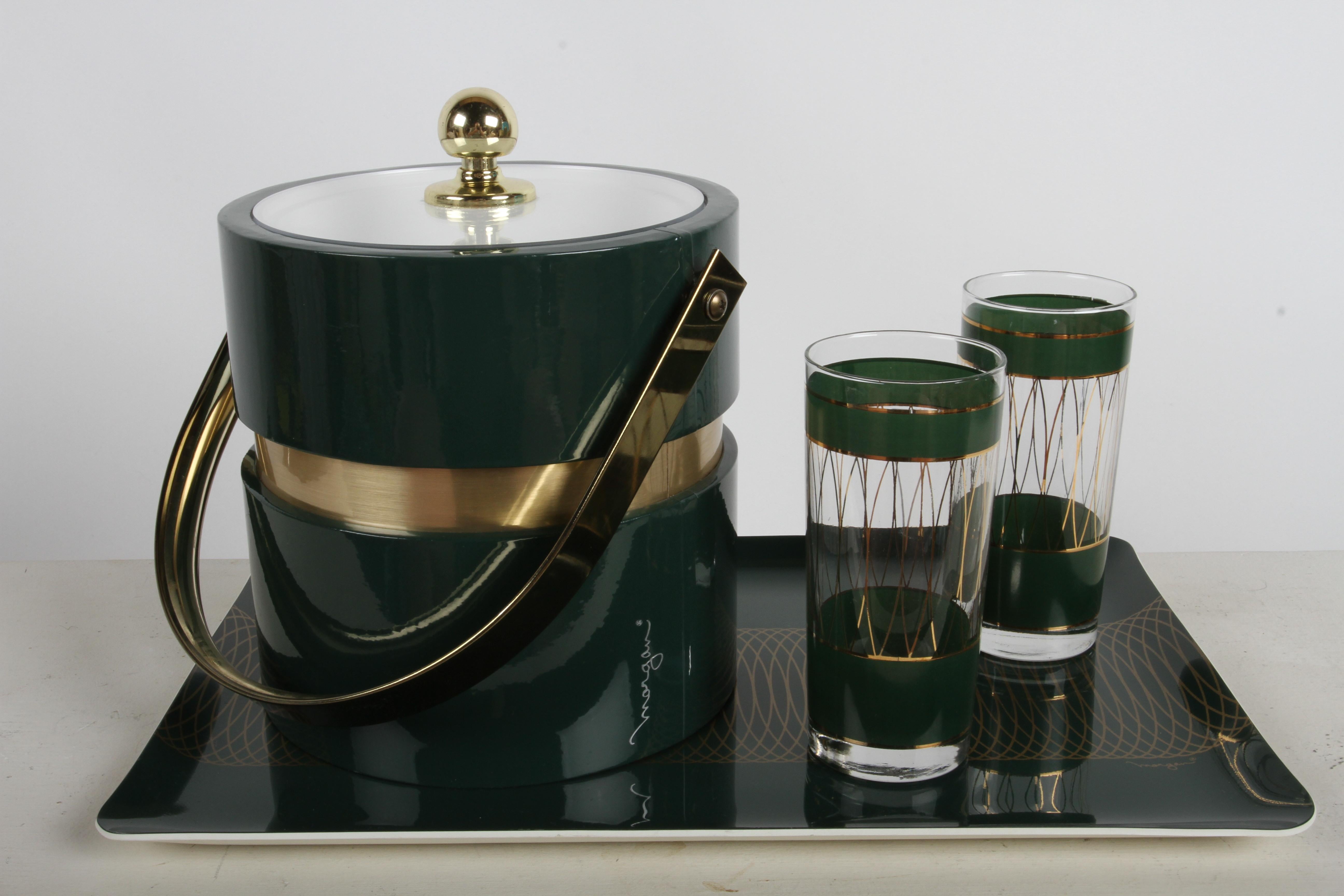 Mid-Century Modern Morgan Bar Set with 8 highball Glasses, Tray & Ice Bucket For Sale 9