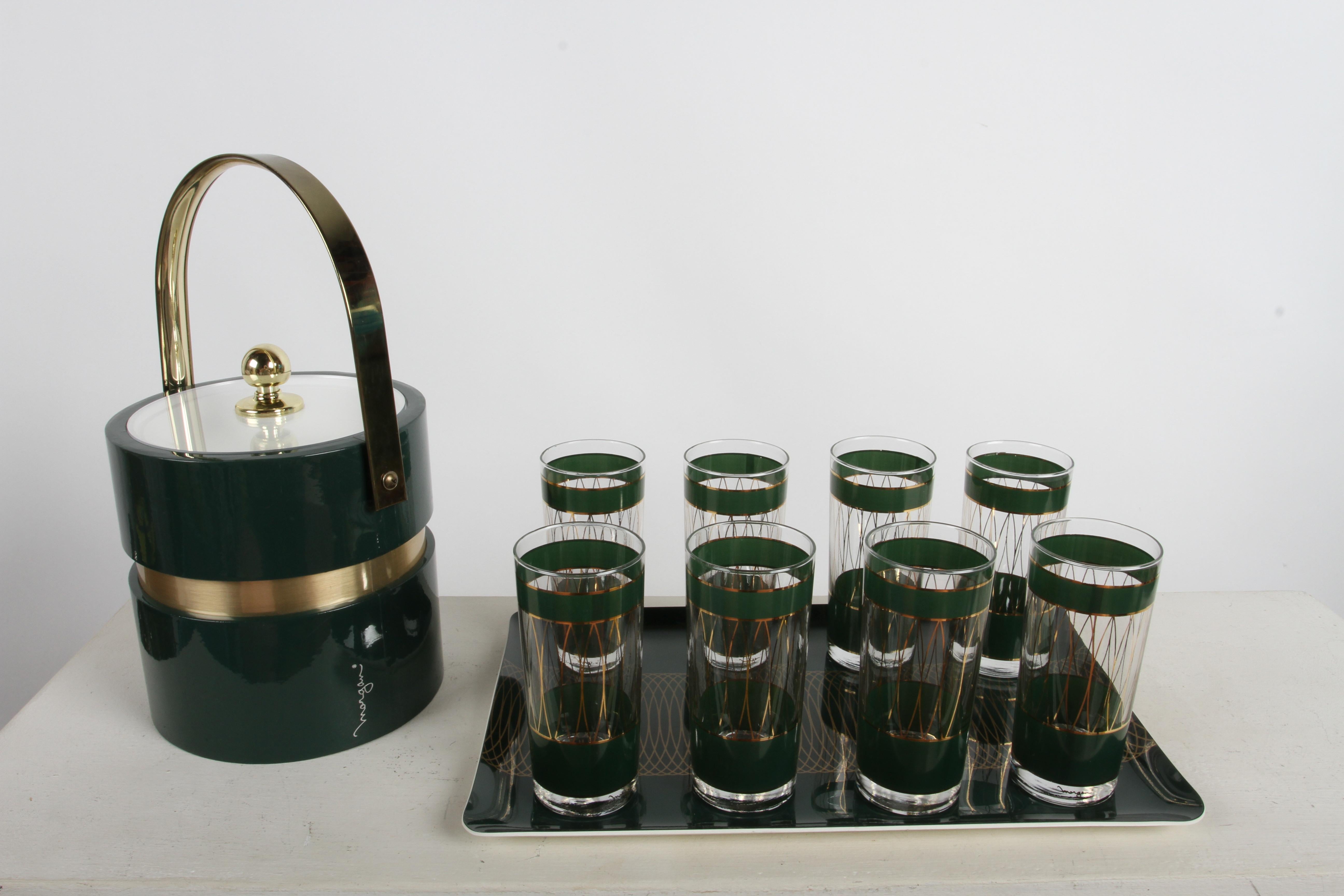 Vintage 1960s Mid-Century Modern Morgan & Company complete bar set , which includes 8 high-ball glasses in emerald green & 22k gold geometric pattern of vertical lines, matching tray and ice bucket. This set appears to have little to no use, all