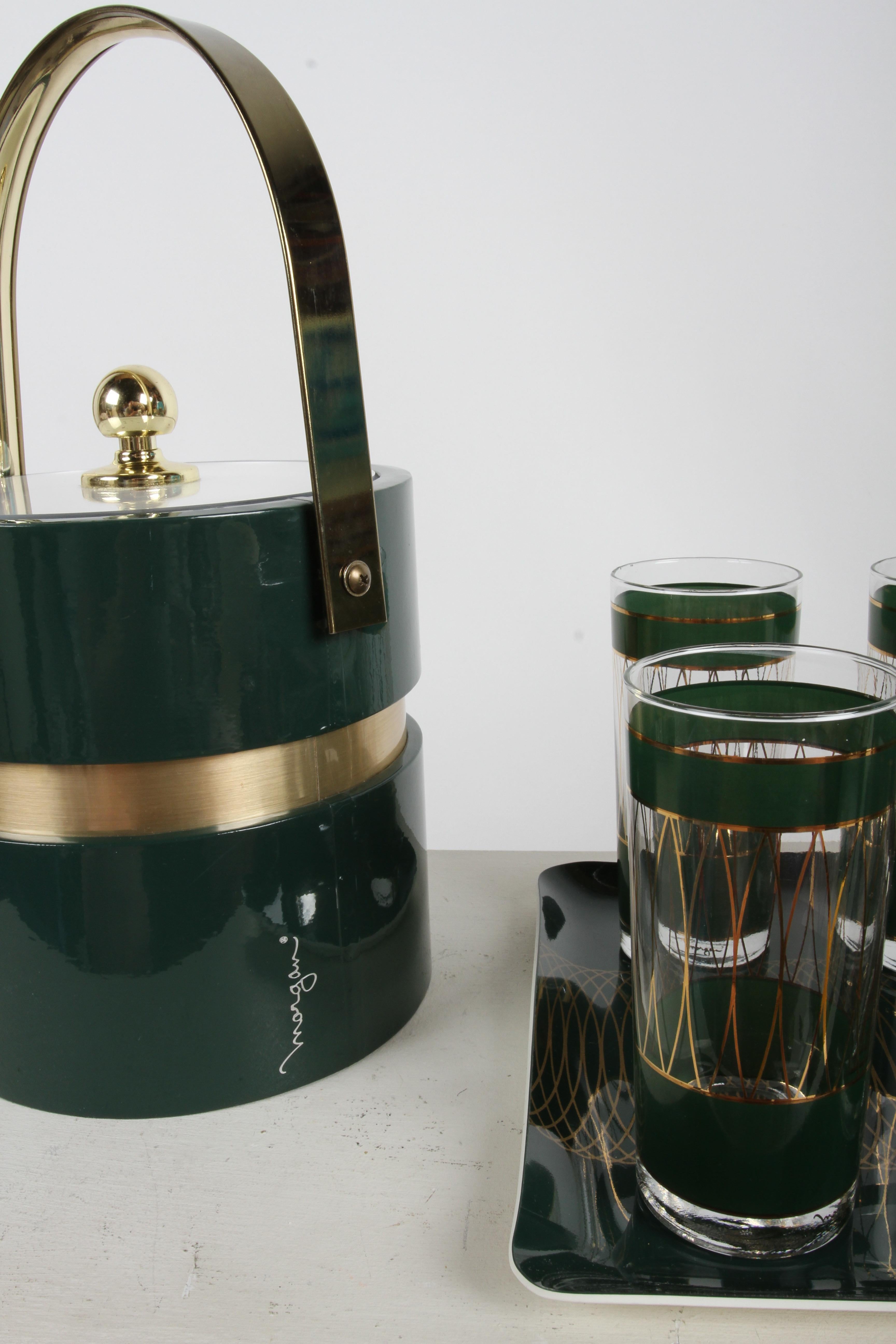 American Mid-Century Modern Morgan Bar Set with 8 highball Glasses, Tray & Ice Bucket For Sale