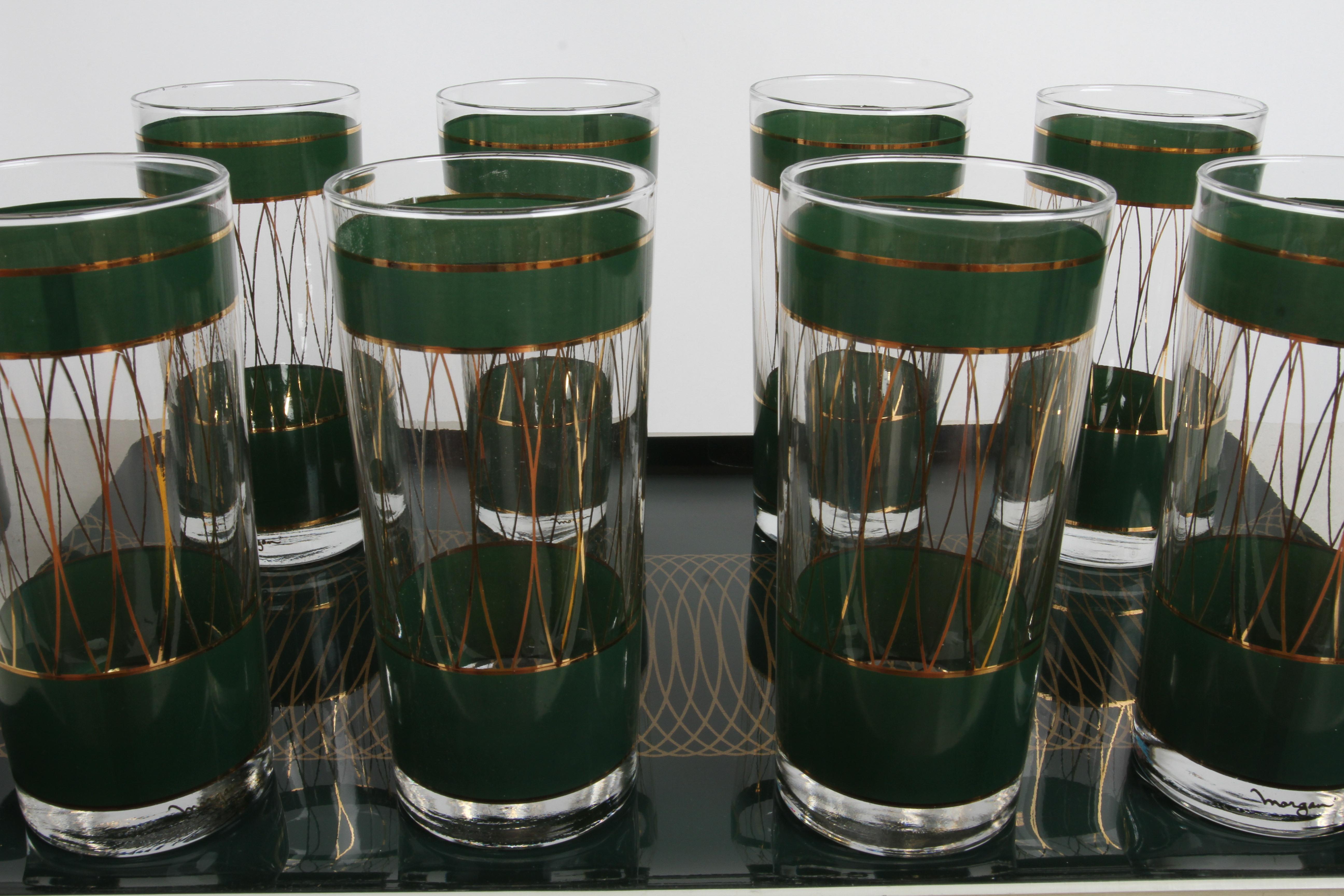 Mid-Century Modern Morgan Bar Set with 8 highball Glasses, Tray & Ice Bucket In Good Condition For Sale In St. Louis, MO