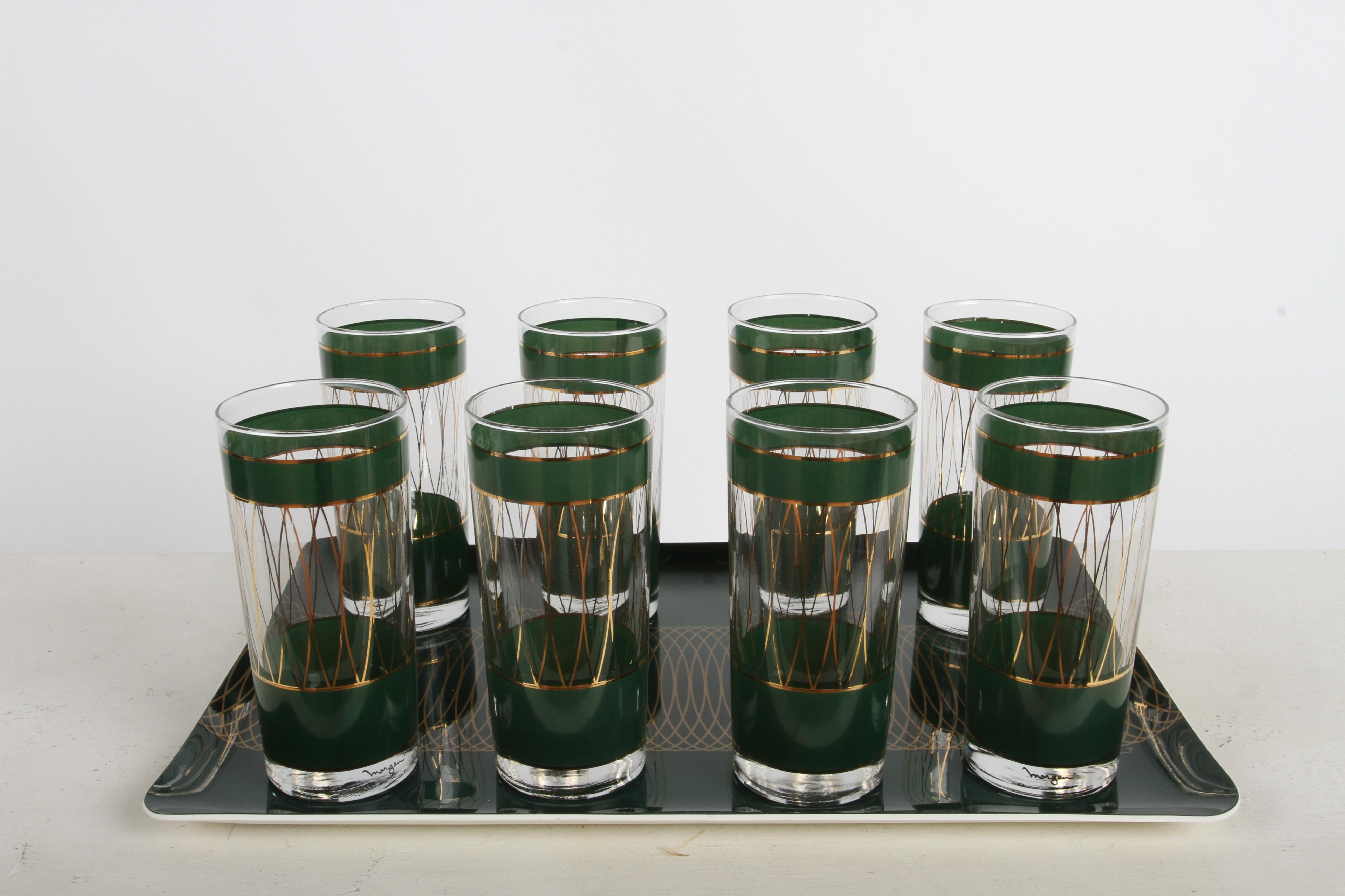 Mid-20th Century Mid-Century Modern Morgan Bar Set with 8 highball Glasses, Tray & Ice Bucket For Sale