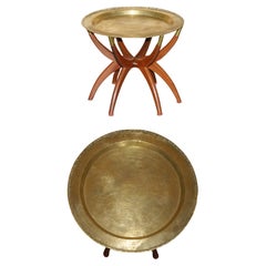 MID CENTURY MODERN MOROCCAN BRASS TRAY TABLE WITH TEAK FOLDING BASe