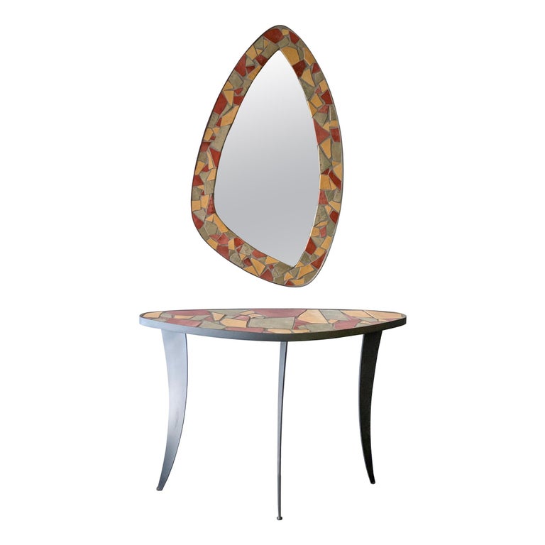 MidCentury Modern Mosaic Console Table and Mirror at 1stDibs