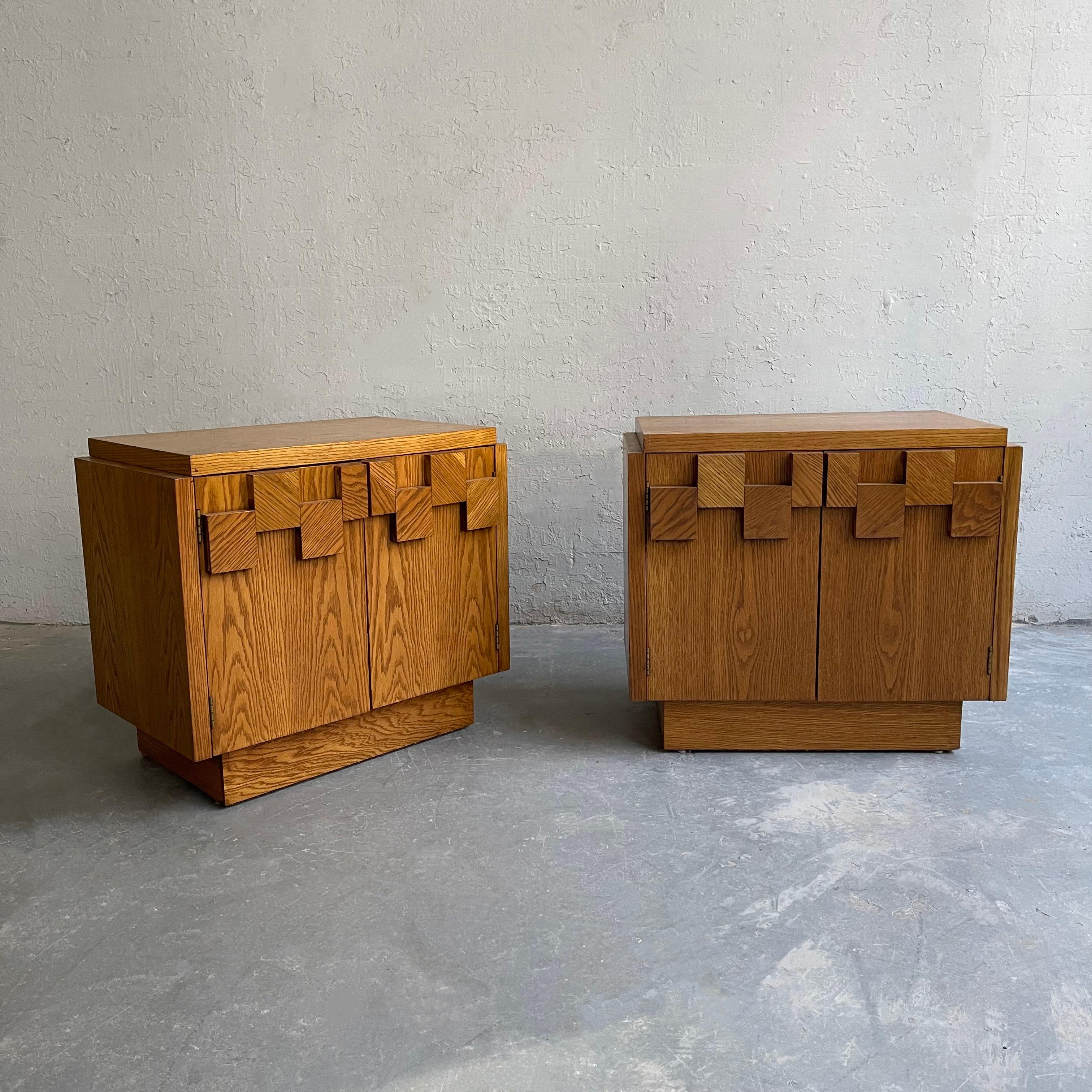 Pair of brutalist, Mid-Century Modern, oak nightstands or end tables by Lane feature decorative mosaic drawer fronts. They are newly finished in a rich, medium oak tone.