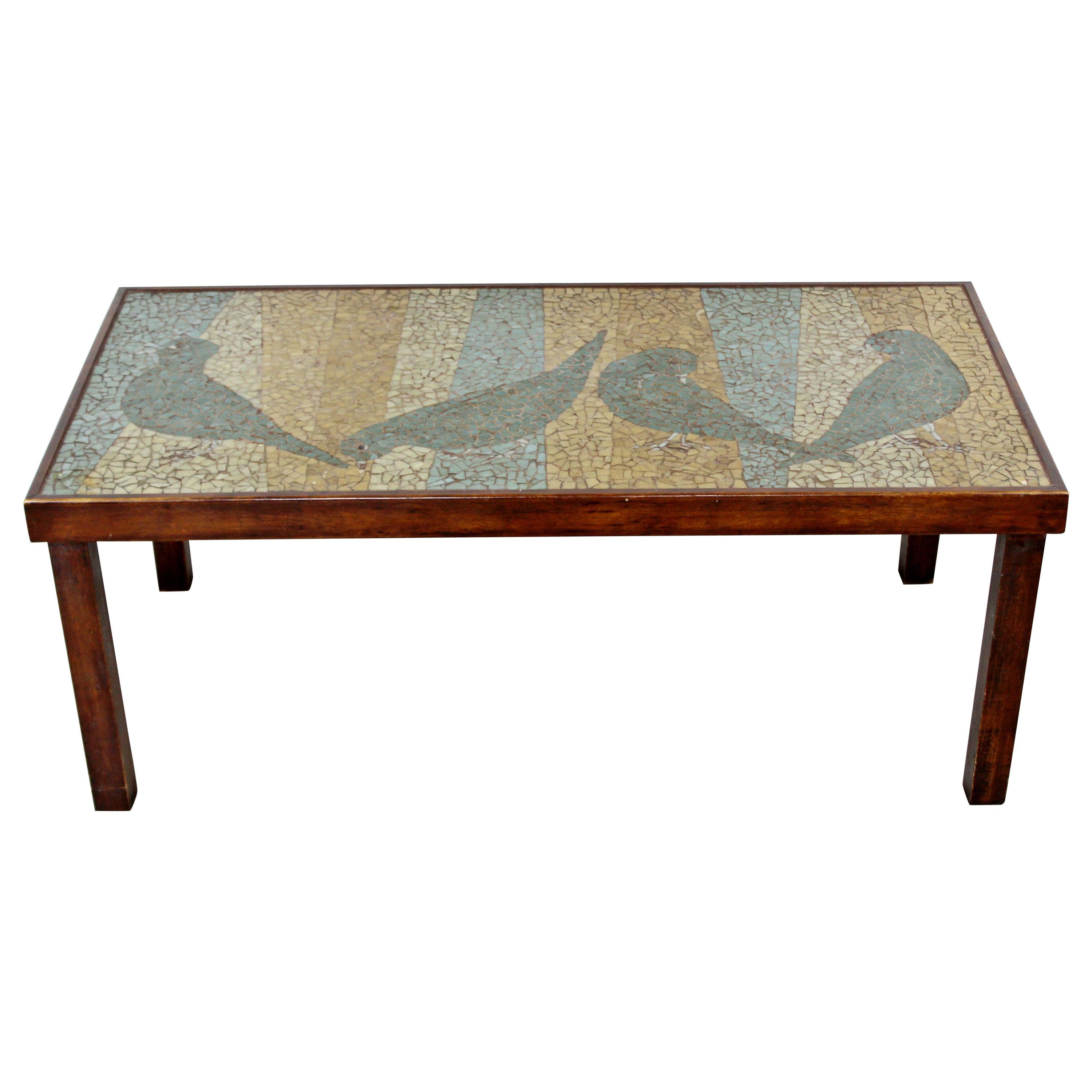 Mid-Century Modern Mosaic Tile Art Top Rectangular Wood Coffee Table Birds 1960s