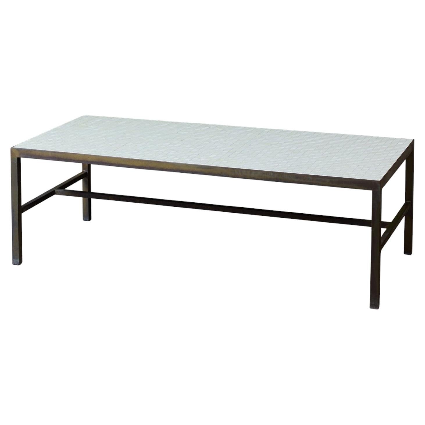 Mid-Century Modern Mosaic Tile Coffee Table with Brass Frame