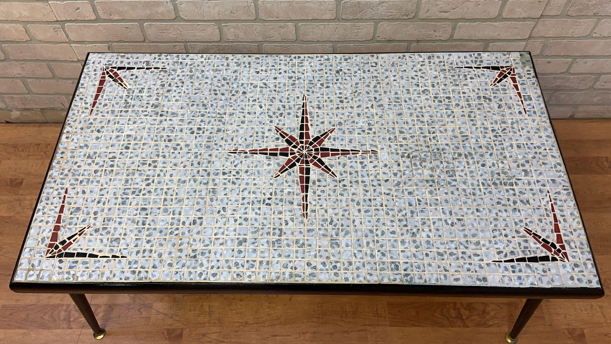 Mid Century Modern Mosaic Tile Top Coffee Table 

This beautiful MCM mosaic coffee table comes with a star detail in the center with arrows on each corner.  It will make a perfect addition to any collection and is very easy to pair up with any