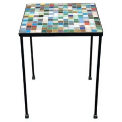 Mid-Century Modern Mosaic Tile Top Side Table, Multicolor Glass Tile, Iron Base