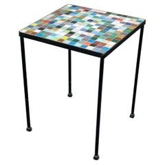 Mid-Century Modern Mosaic Tile Top Side Table, Multicolor Glass Tile, Iron Base