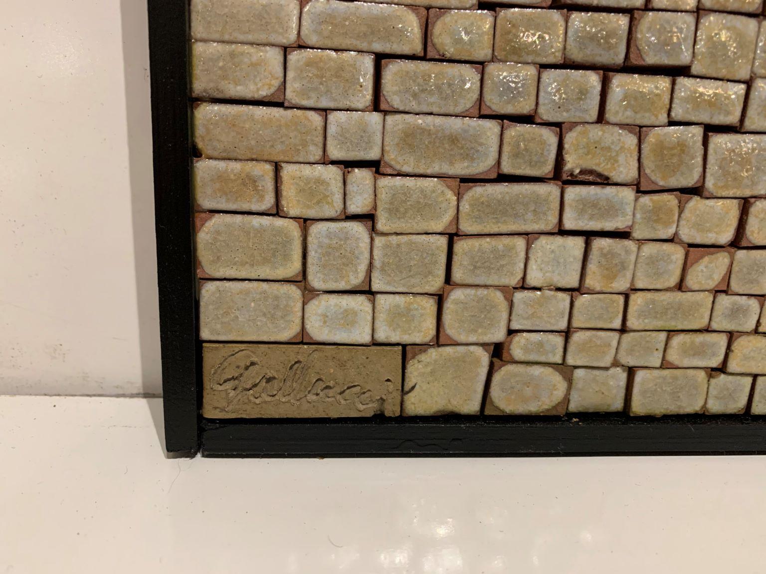 Incredible Mid-Century Modernist mosaic tile on board
wall plaque signed R. Gallucci. Great detail and color
would be a focal point of any room. Dimensions: 48.5 wide
32.25 high x 1 deep

 Raymond Gallucci (1923-2005) was originally in