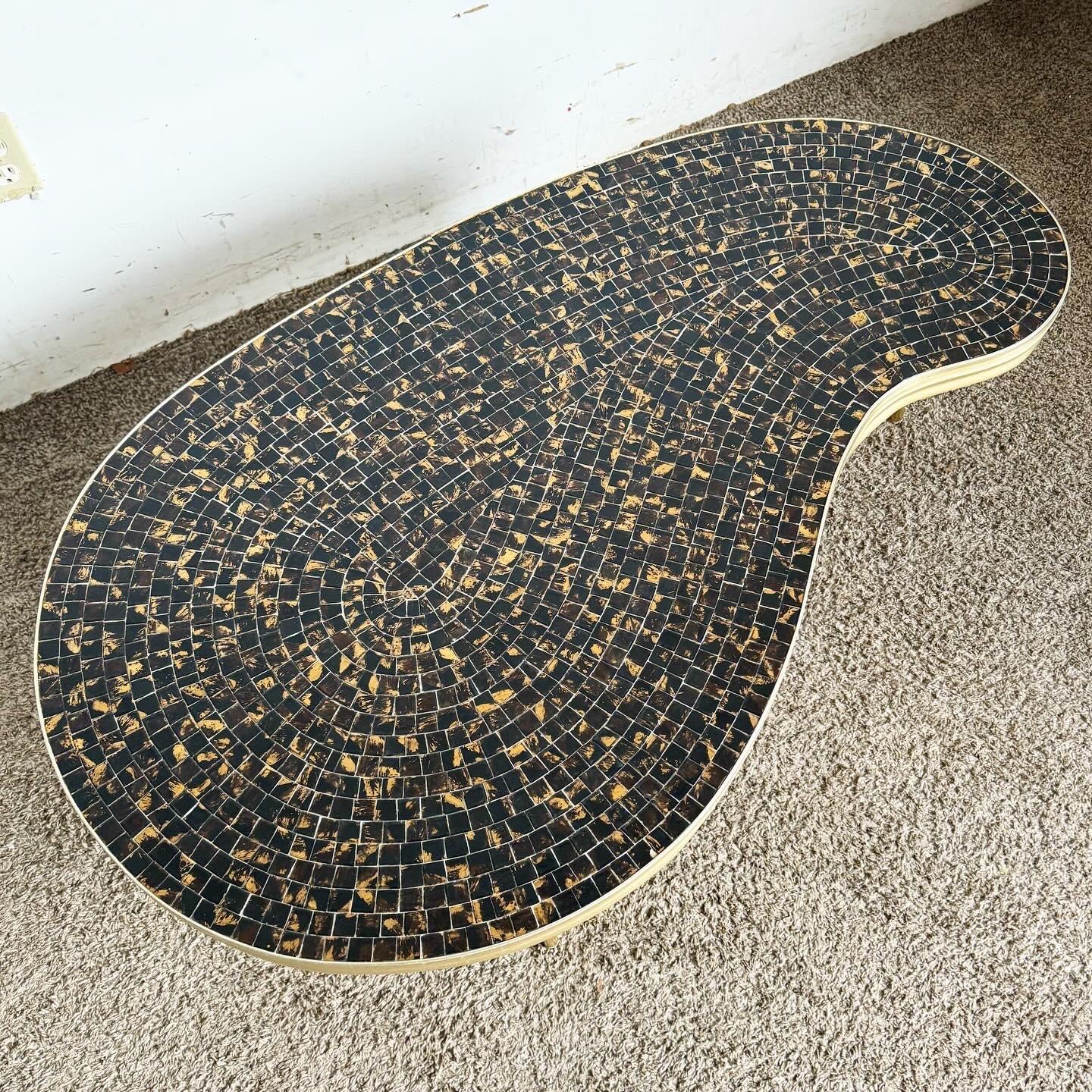 Wood Mid Century Modern Mosaic Top, Gold and Black Kidney Coffee Table For Sale