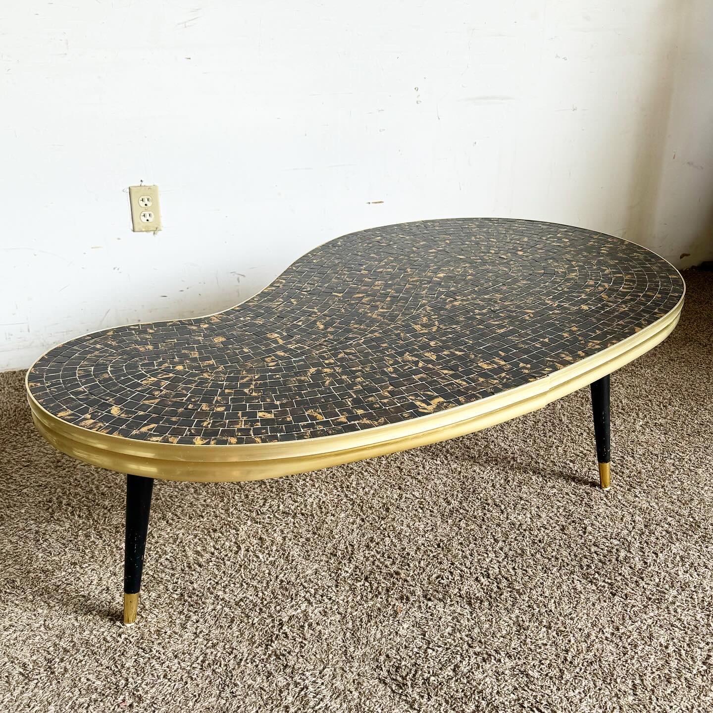 Mid Century Modern Mosaic Top, Gold and Black Kidney Coffee Table For Sale 1