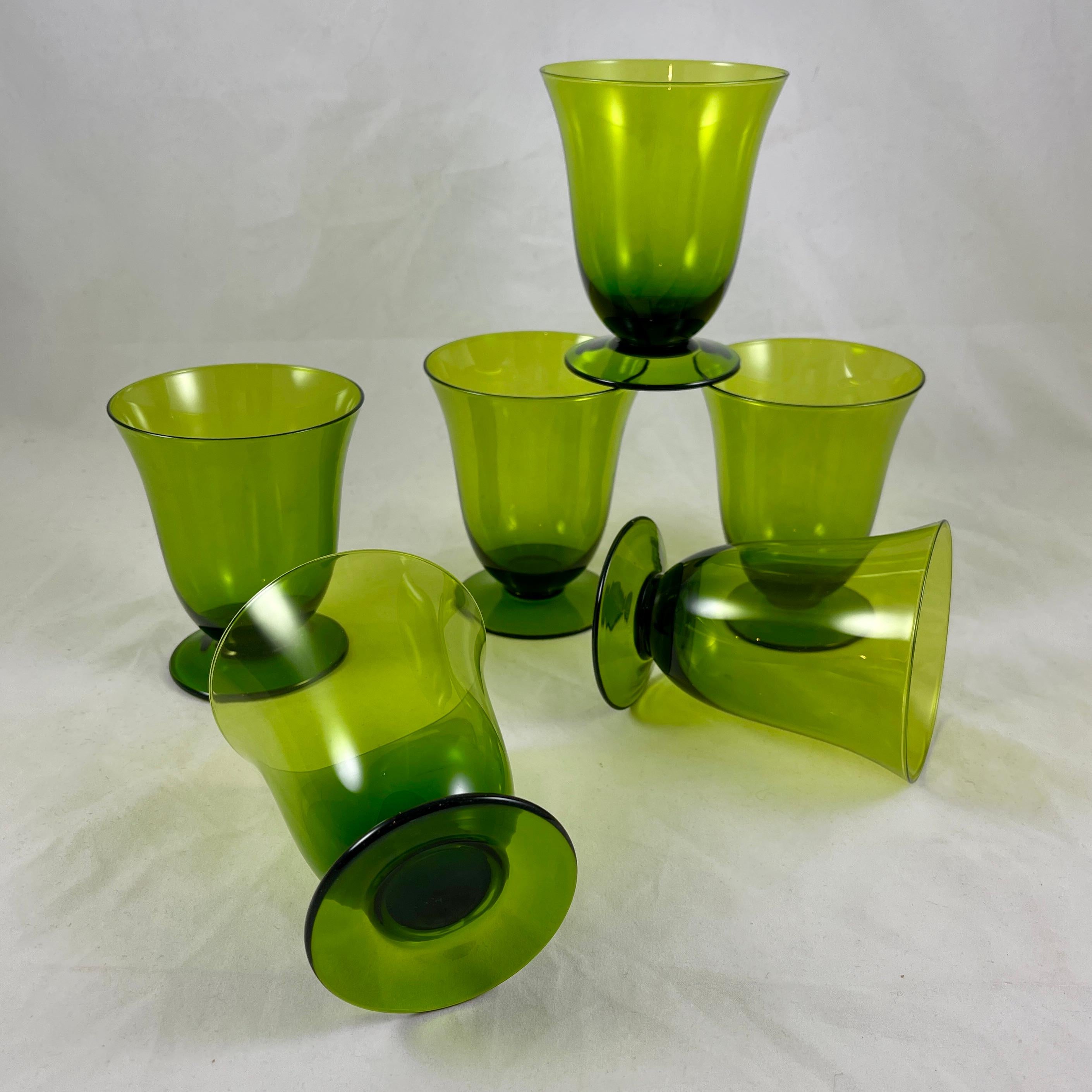 Mid-Century Modern Moss Green Glass Low Footed Goblets, Set /6 3
