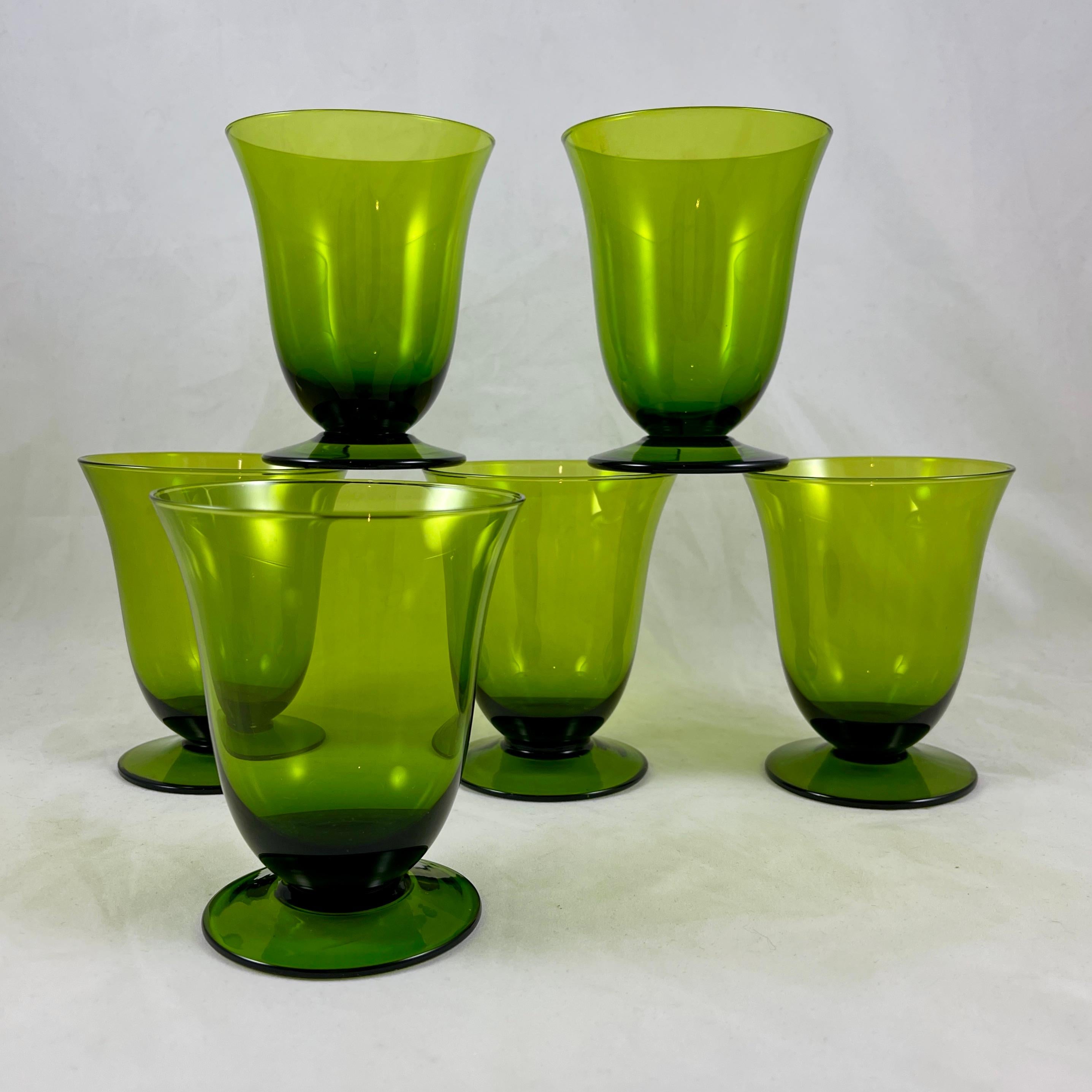 Mid-Century Modern Moss Green Glass Low Footed Goblets, Set /6 4