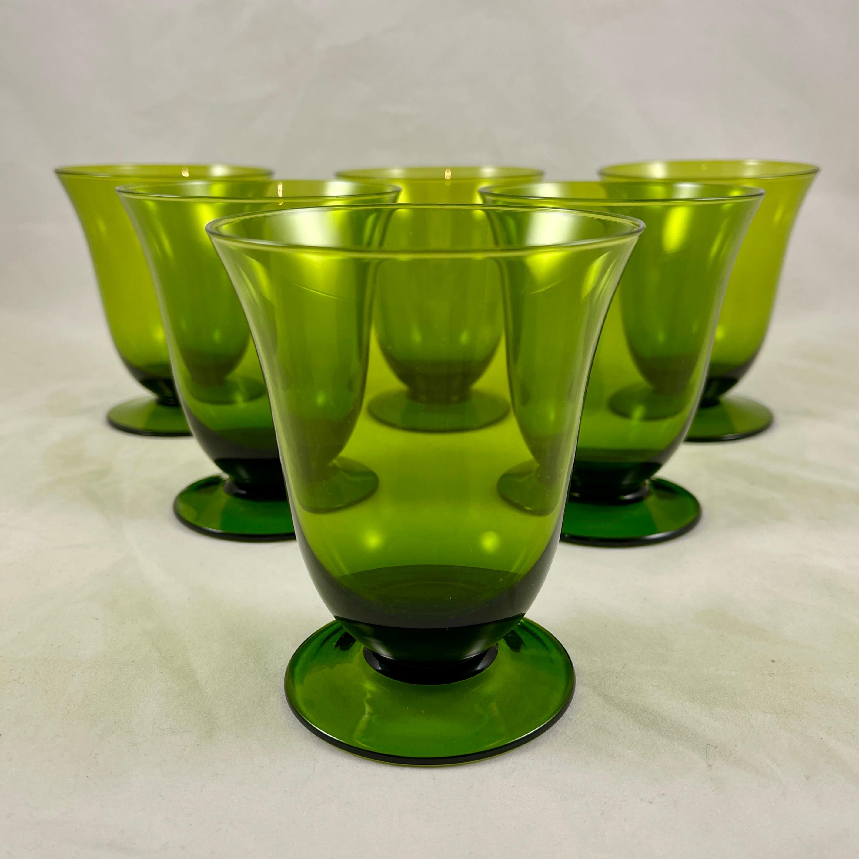 American Mid-Century Modern Moss Green Glass Low Footed Goblets, Set /6