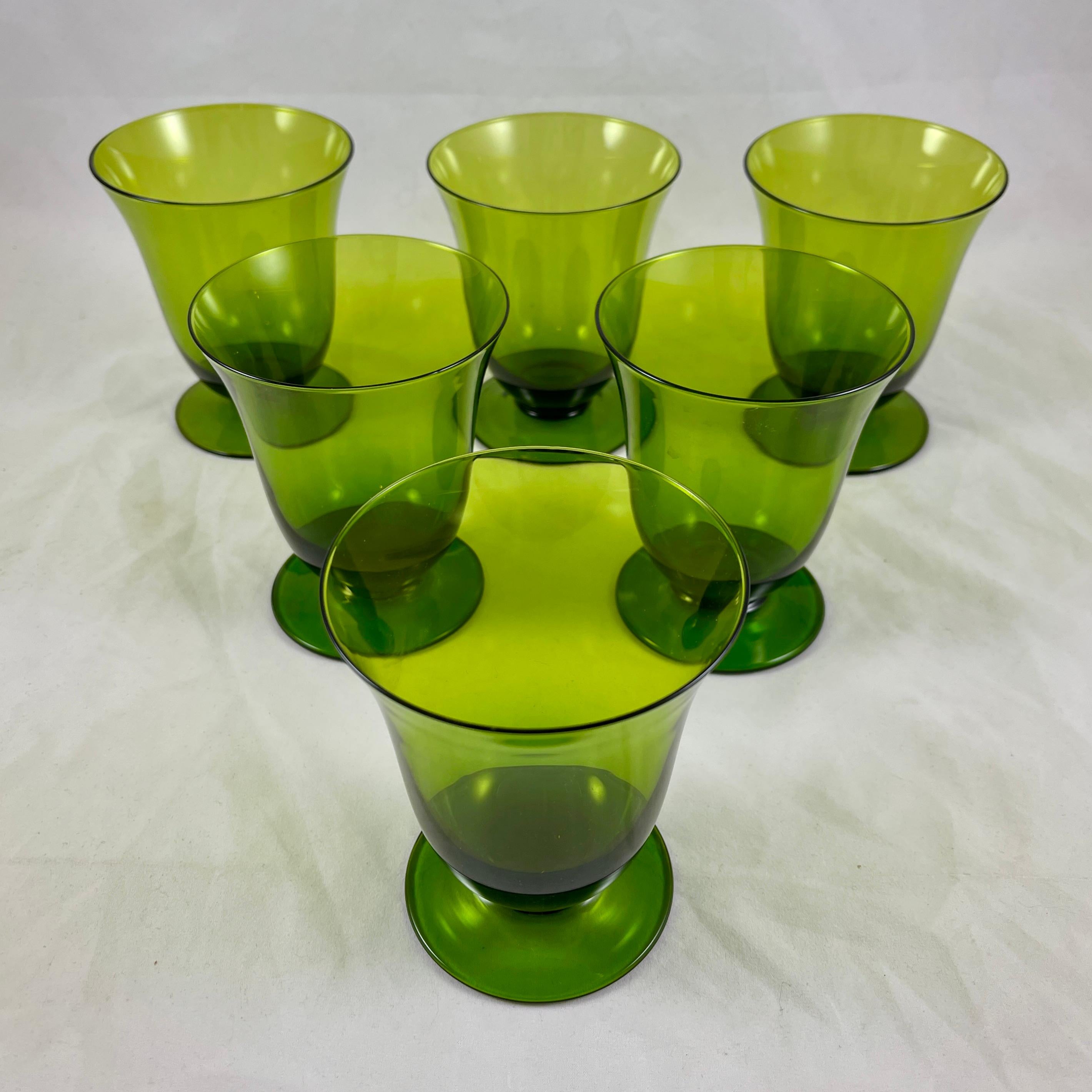 Mid-Century Modern Moss Green Glass Low Footed Goblets, Set /6 1