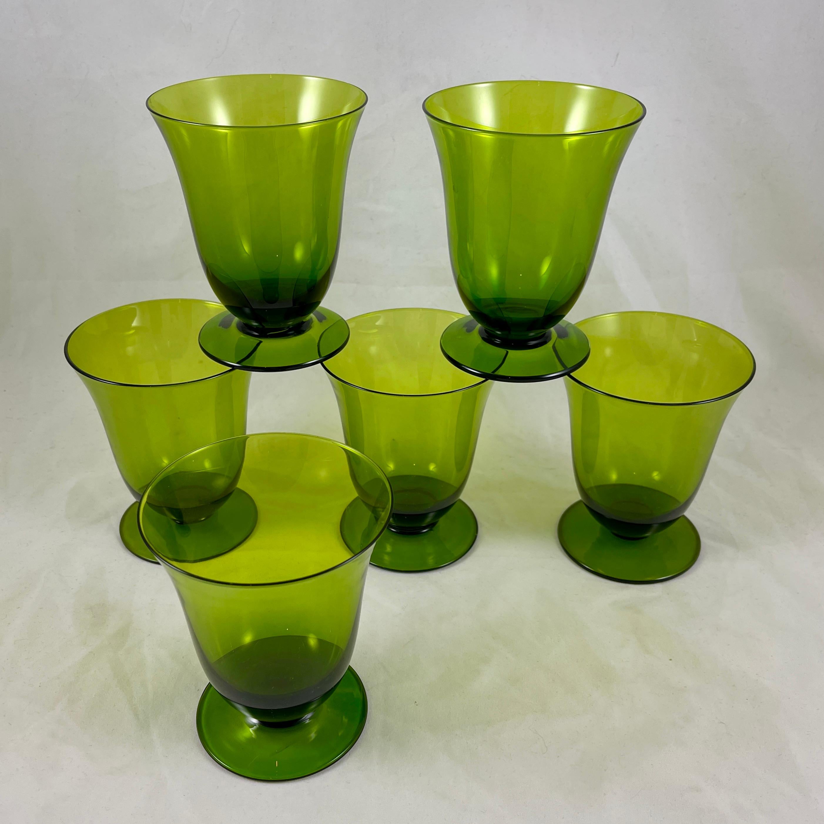 Mid-Century Modern Moss Green Glass Low Footed Goblets, Set /6 2