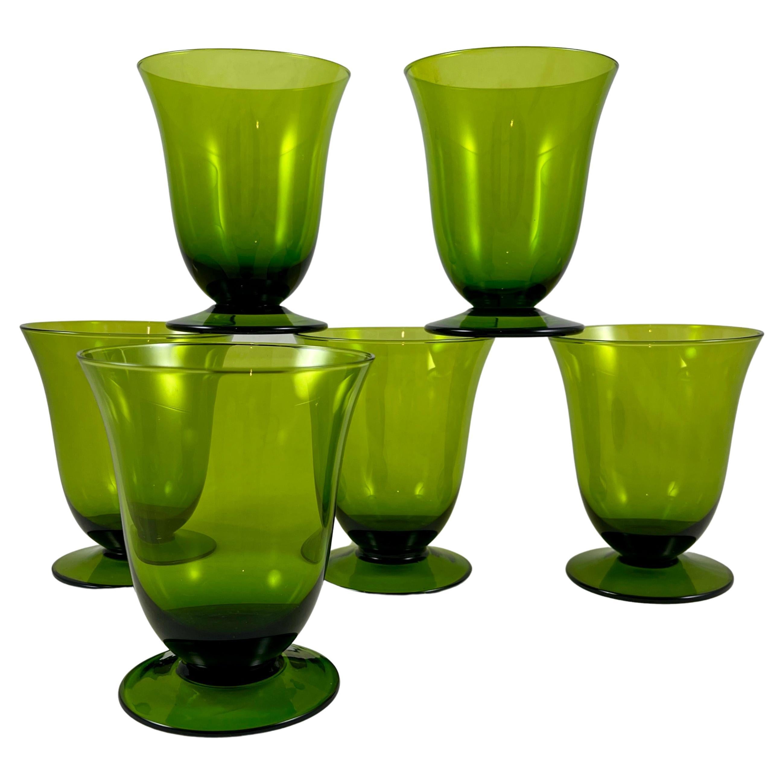 Mid-Century Modern Moss Green Glass Low Footed Goblets, Set /6