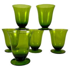 Vintage Mid-Century Modern Moss Green Glass Low Footed Goblets, Set /6