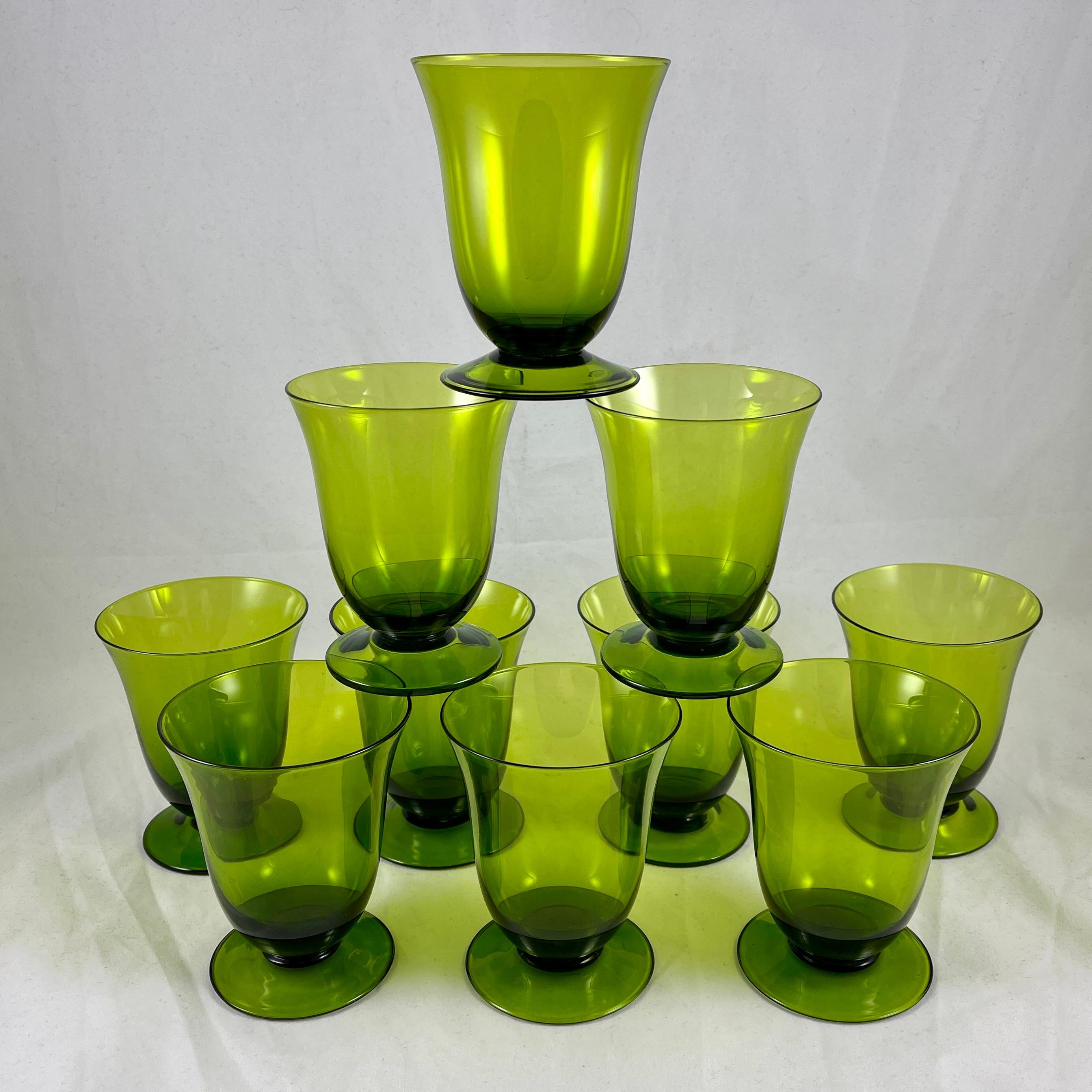 American Mid-Century Modern Moss Green Glass Low Footed Goblets, Set of Ten