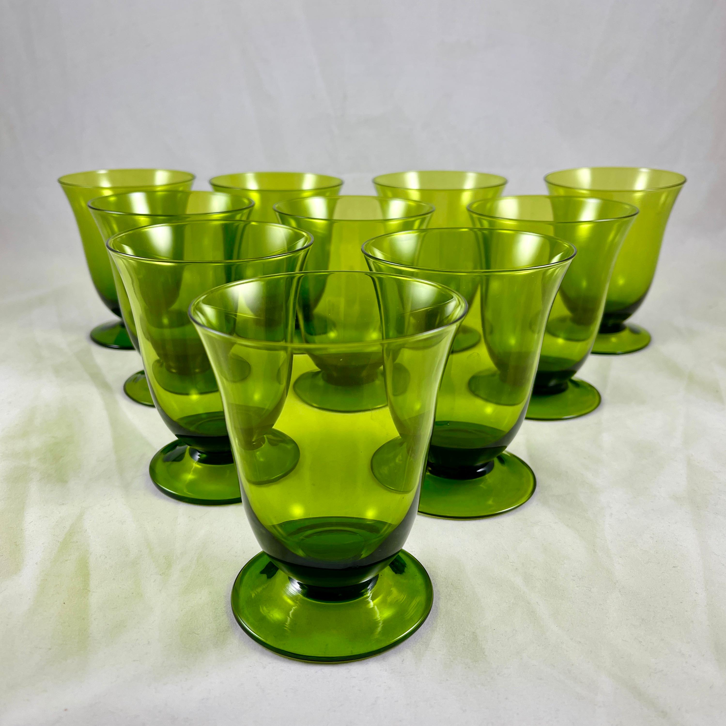 Other Mid-Century Modern Moss Green Glass Low Footed Goblets, Set of Ten