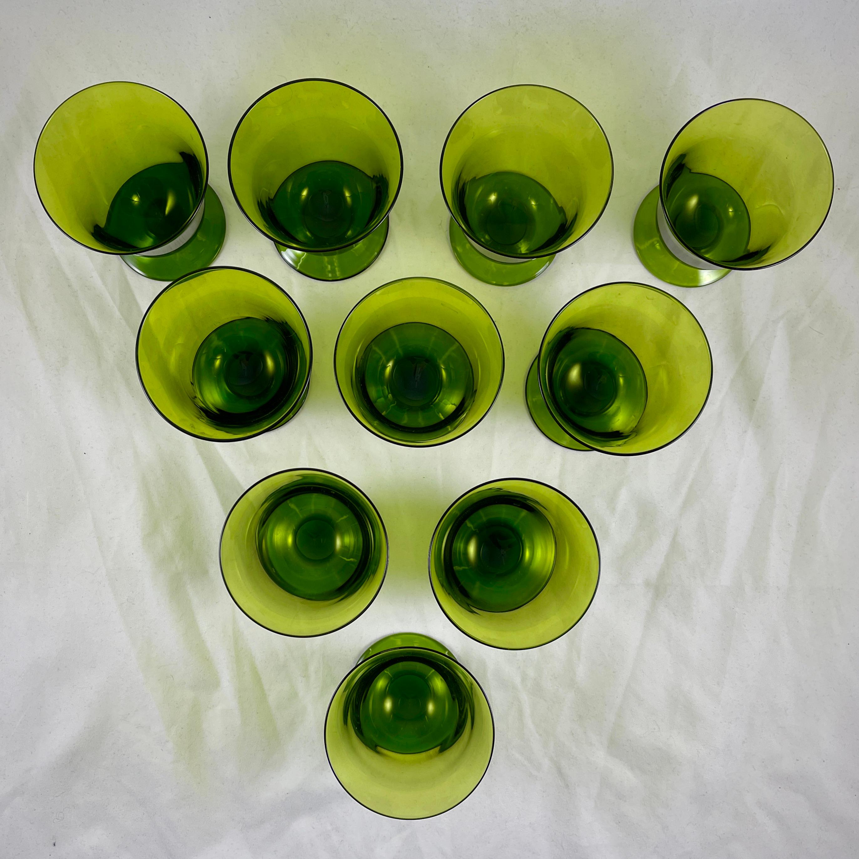 20th Century Mid-Century Modern Moss Green Glass Low Footed Goblets, Set of Ten