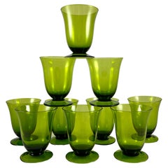 Vintage Mid-Century Modern Moss Green Glass Low Footed Goblets, Set of Ten