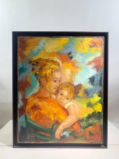 Modernes Ölgemälde mit Mutter und Kind von Andrée Marian-Paupard (Mitte des Jahrhunderts) - signiert