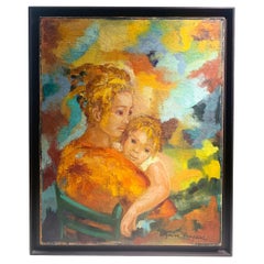 Modernes Ölgemälde mit Mutter und Kind von Andrée Marian-Paupard (Mitte des Jahrhunderts) - signiert