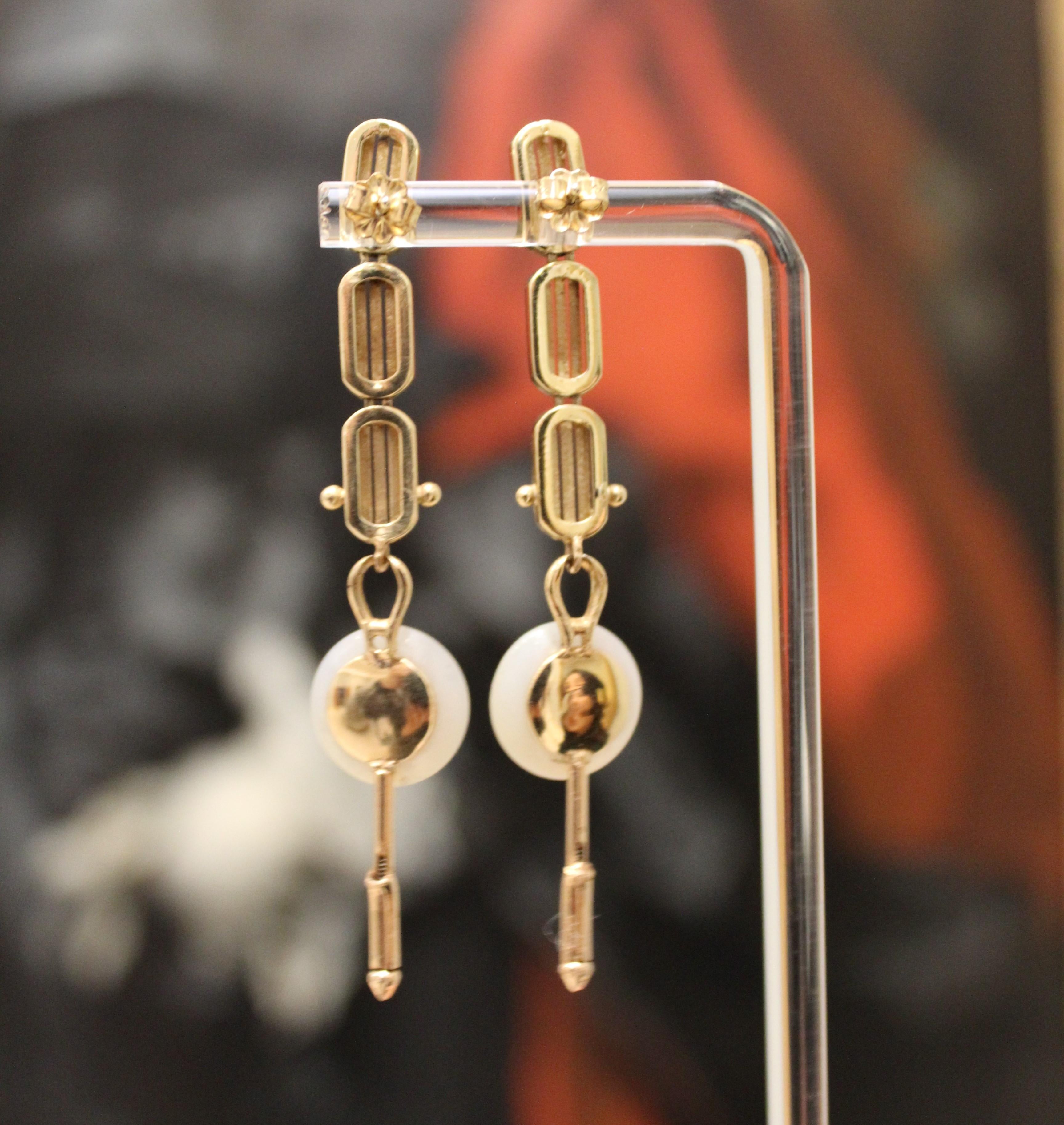 Brilliant Cut Mid Century Modern Mother of Pearl & Gold Earrings For Sale