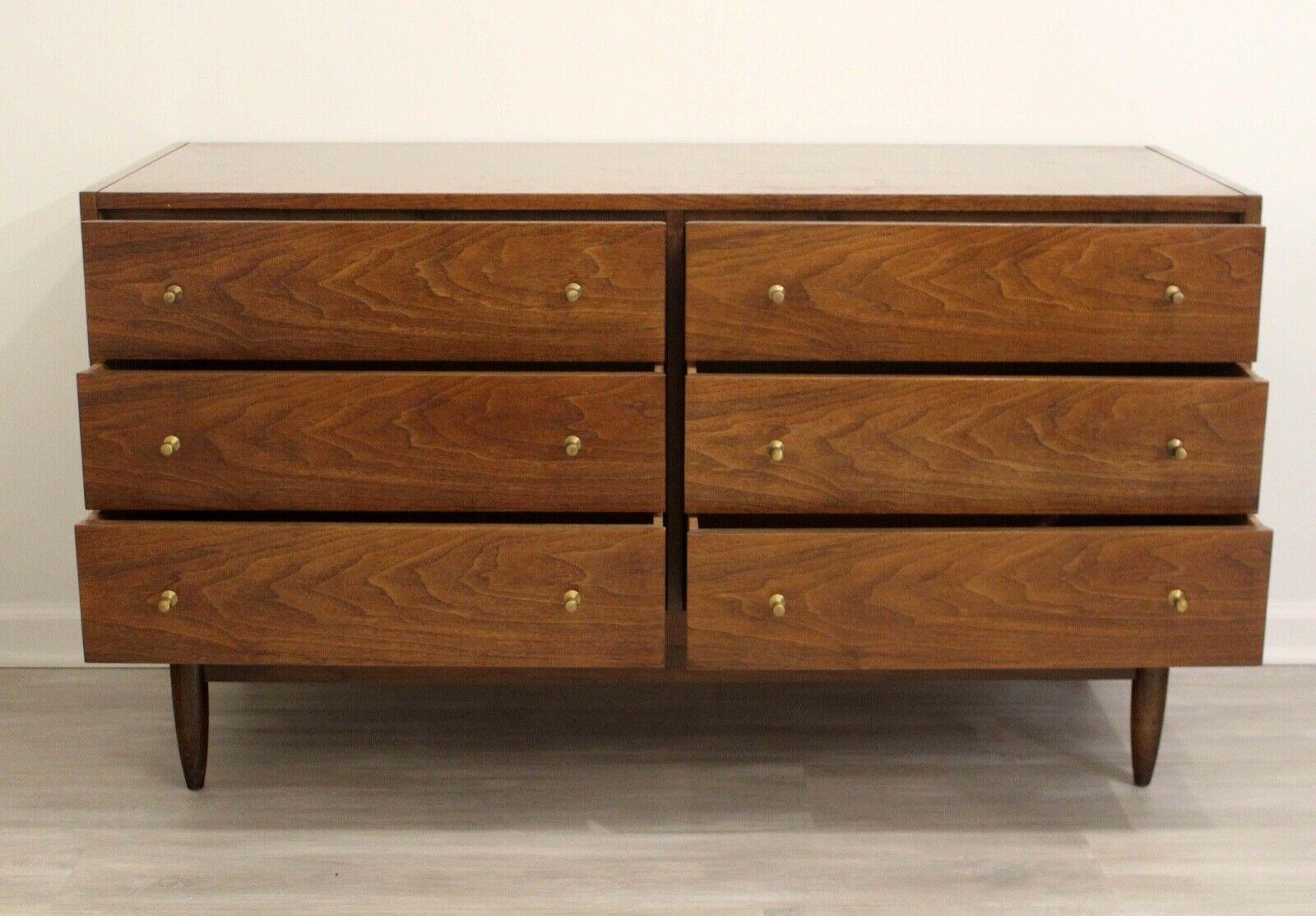 Mid-Century Modern Mount Airy Walnut & Brass Dresser Sideboard with Brass Pulls In Good Condition In Keego Harbor, MI