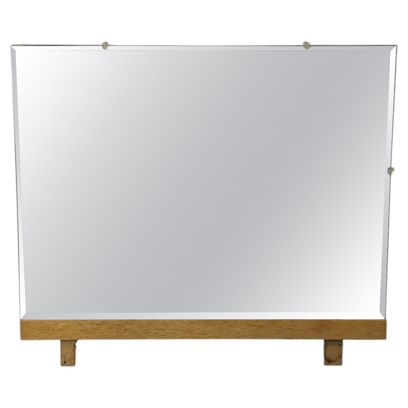 Mid Century Modern Mountable Mirror with Beveled Glass & Blonde Wood For Sale