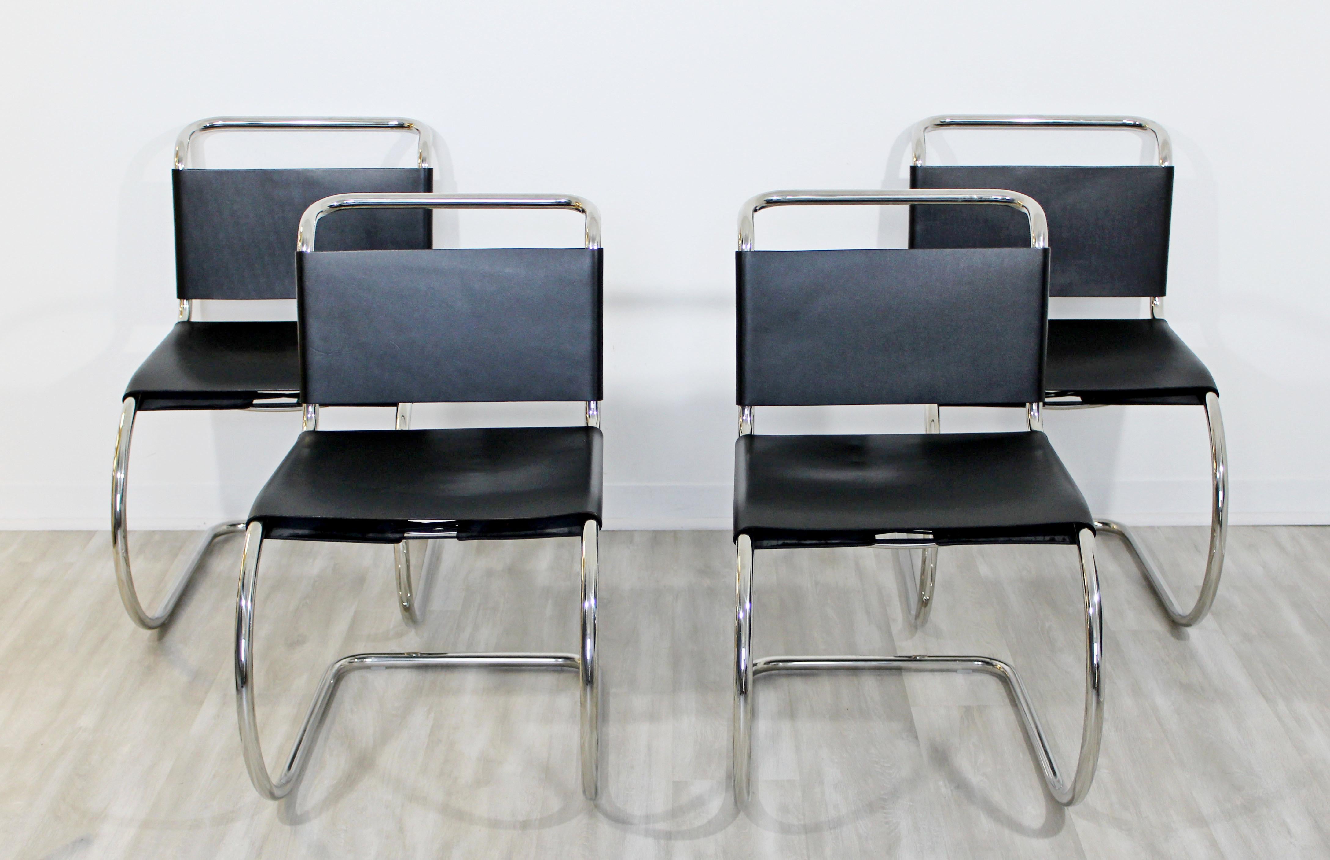 For your consideration is a wonderful set of four MR cantilever chrome side dining chairs, by Mies van der Rohe for Knoll, circa 1970s. In excellent condition. The dimensions are 19