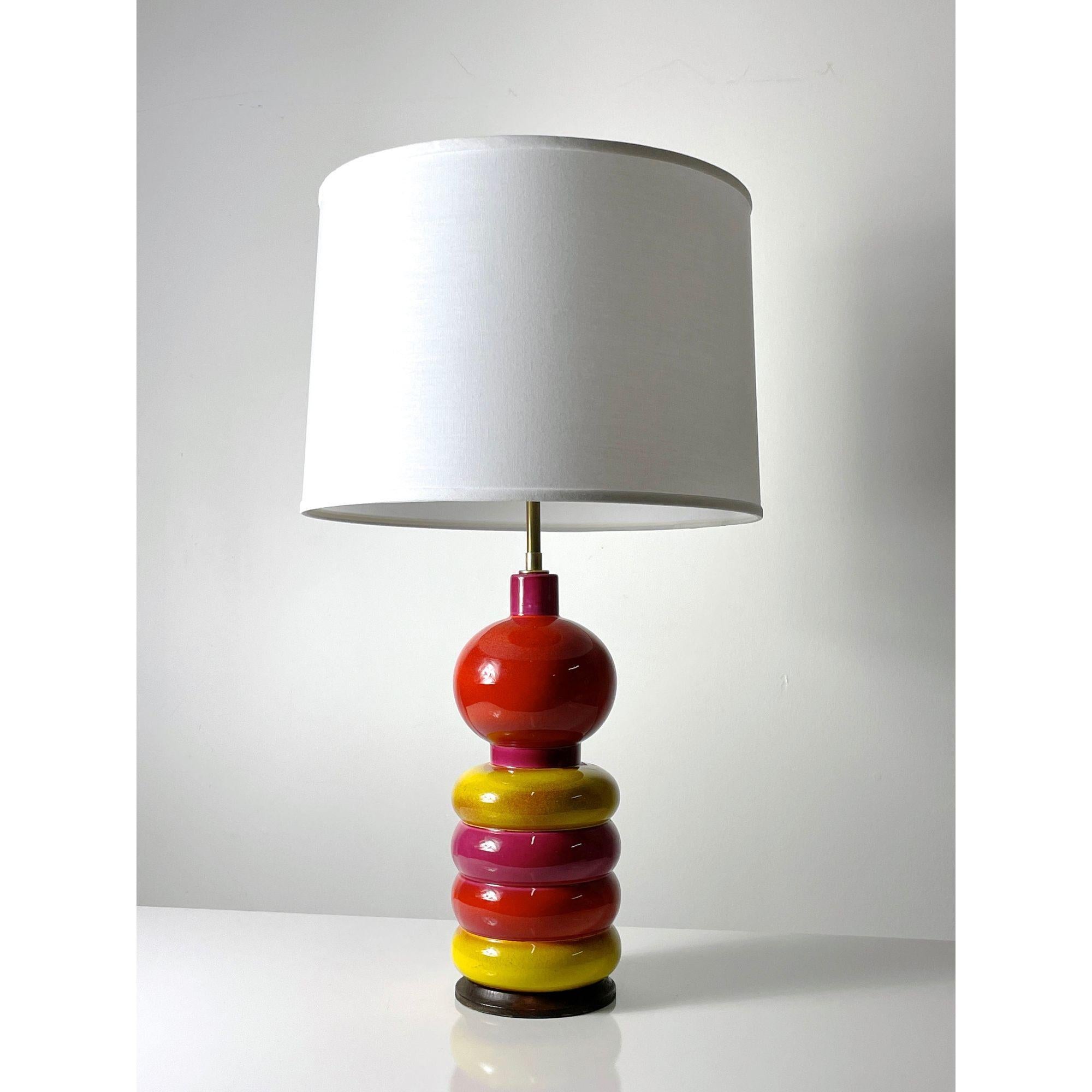 Mid Century Modern Multi Color Italian Ceramic Lamp 

Colorful ceramic table lamp Made in Italy circa 1960s
Bright alternating glaze colors on wood base
Marked 