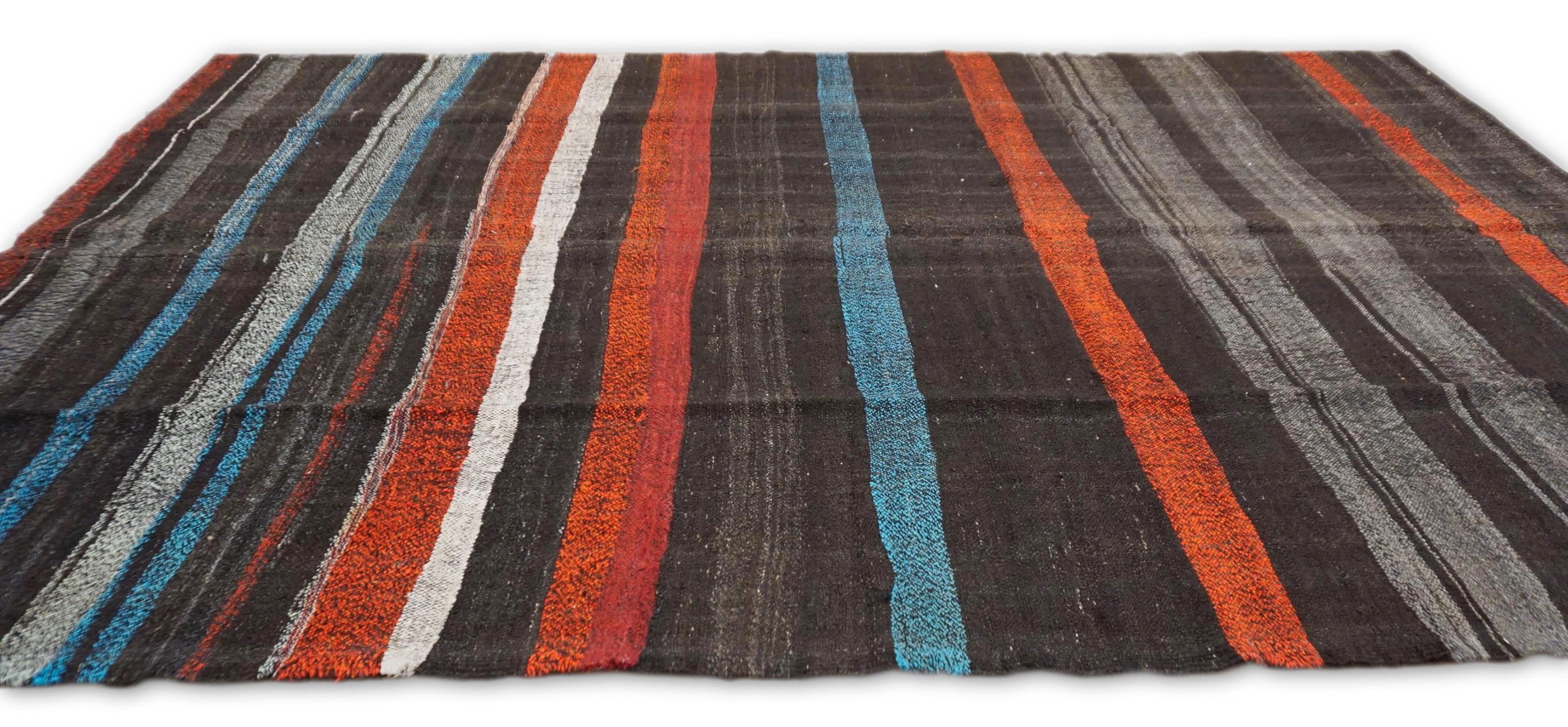 Turco Tappeto in lana a righe multicolore Modern Color 6'8''x11'4'' in vendita